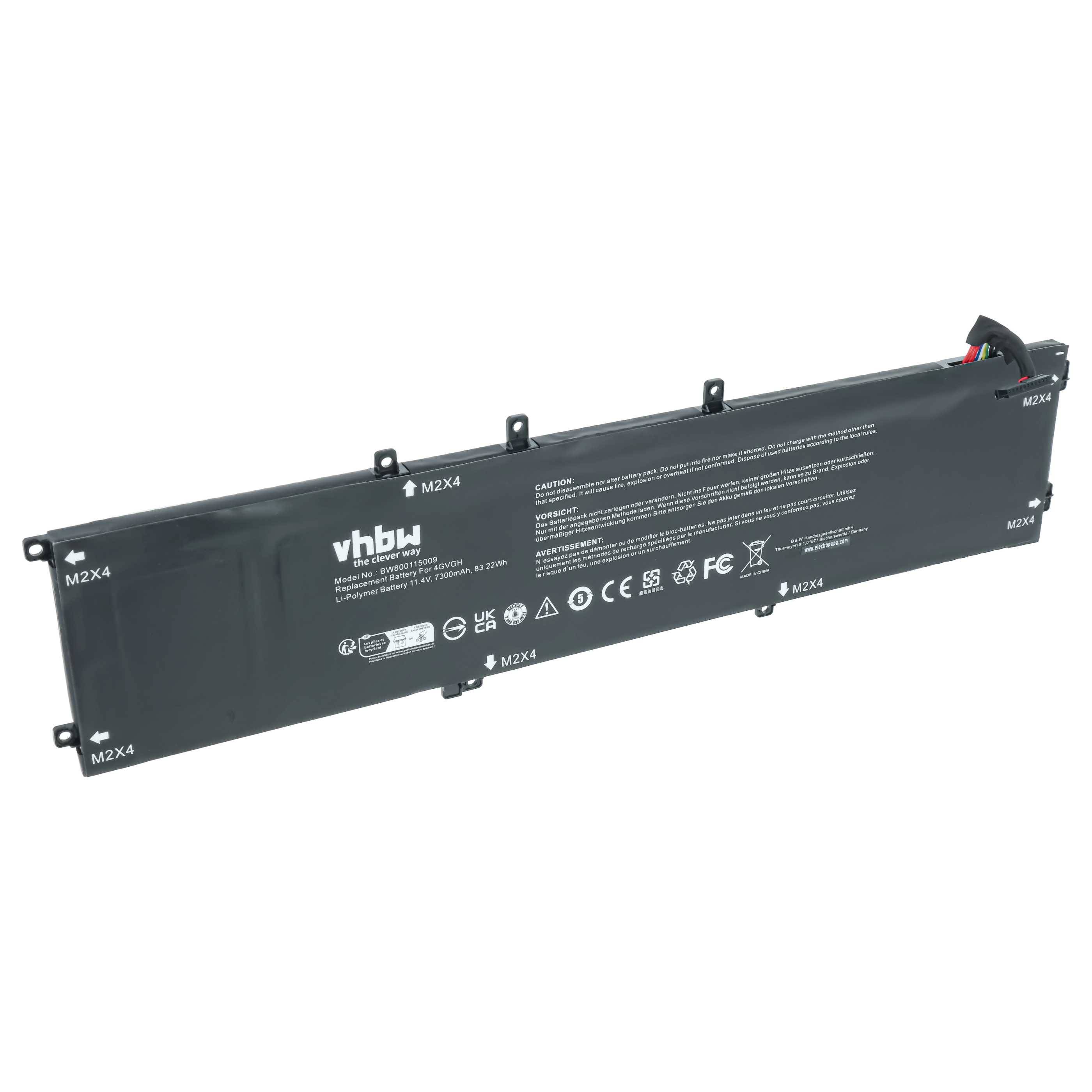 Langer schwarzer wiederaufladbarer Batteriepack mit Befestigungslaschen und Stecker, mit Beschriftung vhbw und M2x4.
