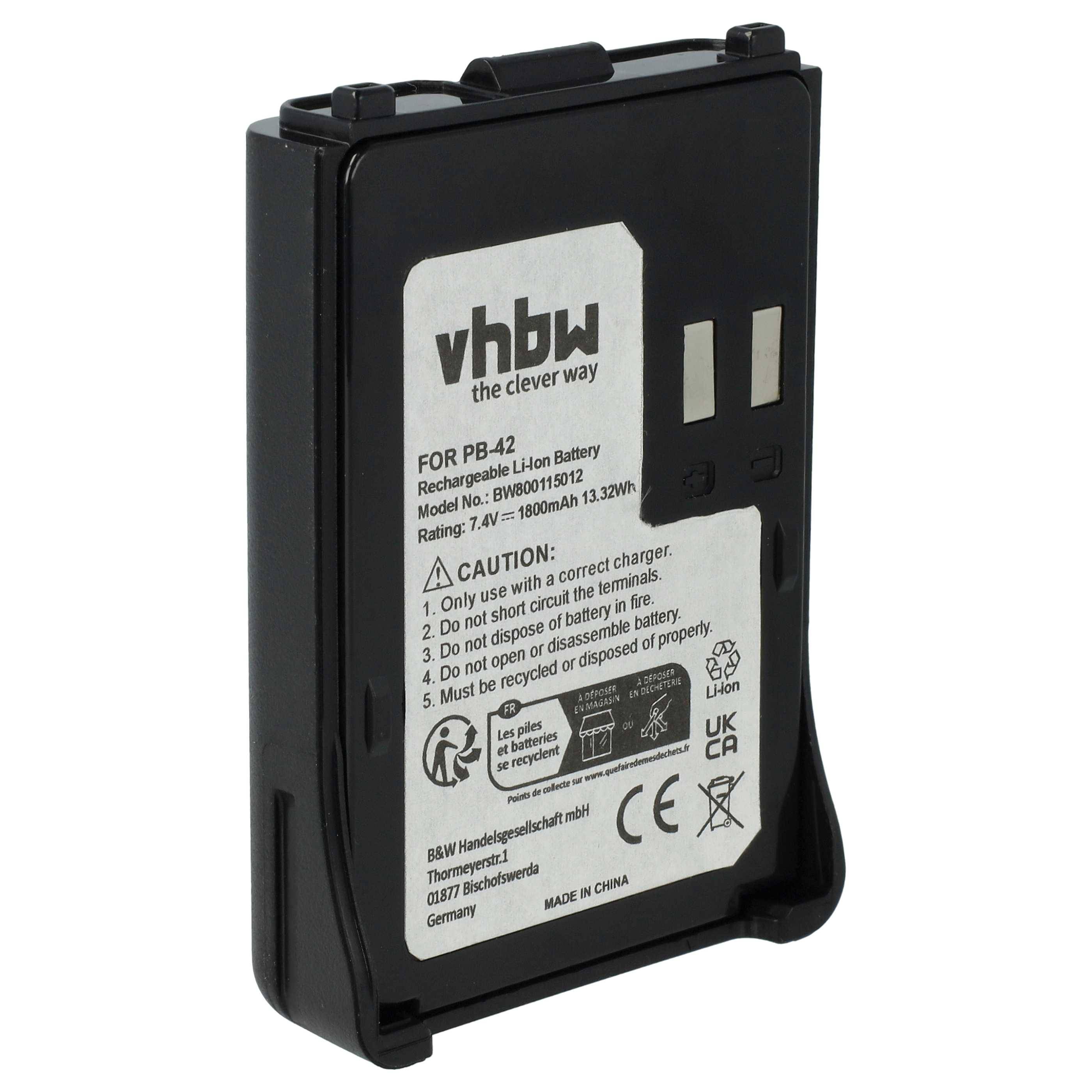 Wiederaufladbare Lithium-Batteriebatterie mit Etiketanweisungen, einschließlich Modellnummer PB-42, Nennwerte 7,2V, 1800mAh und Sicherheitswarnungen.