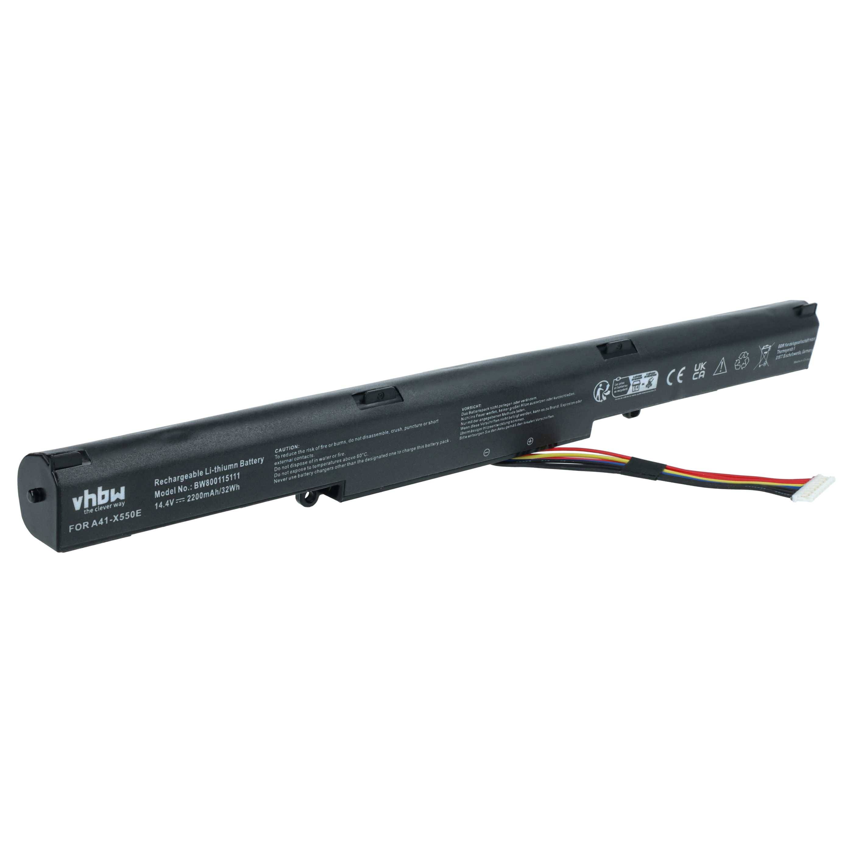 vhbw Akku kompatibel mit Asus R751JX, R752, R752LA, R752LAV, R752LDV, R752LJC, S R752LD, X751LAV Notebook (2200mAh, 14,4V, Li-Ion)