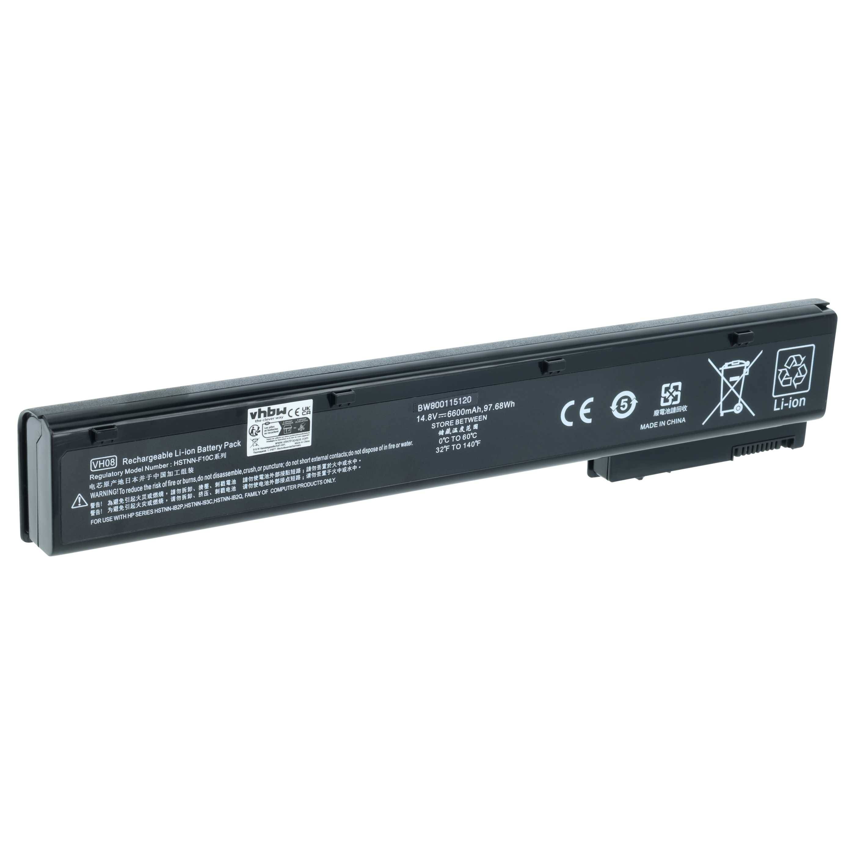 Ein rechteckiger Lithium-Ionen-Akku mit Etiketten, die Sicherheitssymbole angeben, eine Spannung von 14,8V und eine Kapazität von 2600mAh.
