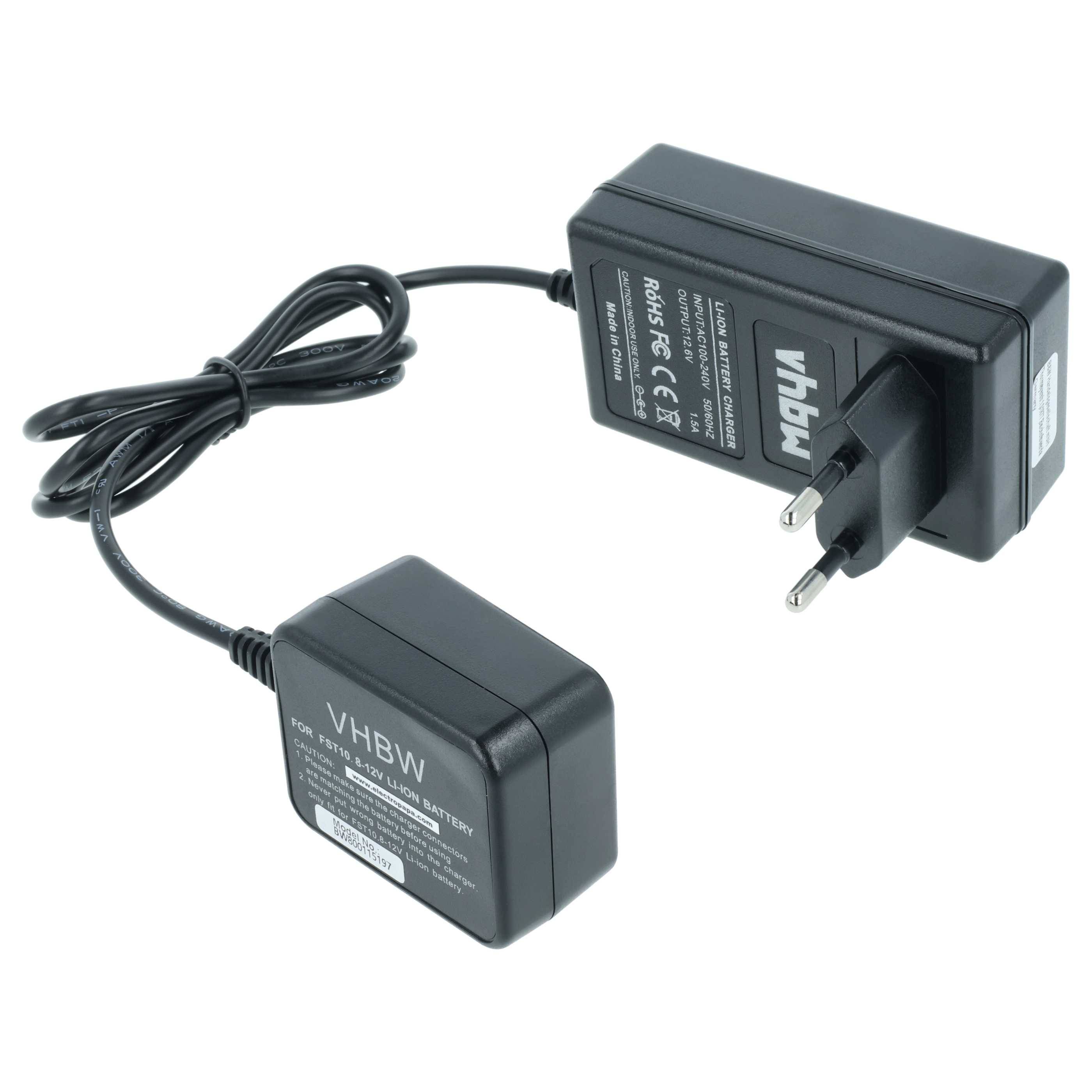 Schwarzer VHBW-Stromadapter mit europäischem Stecker und angeschlossenem Kabel, verbunden mit einem zweiten Akkupack, auf weißem Hintergrund dargestellt.