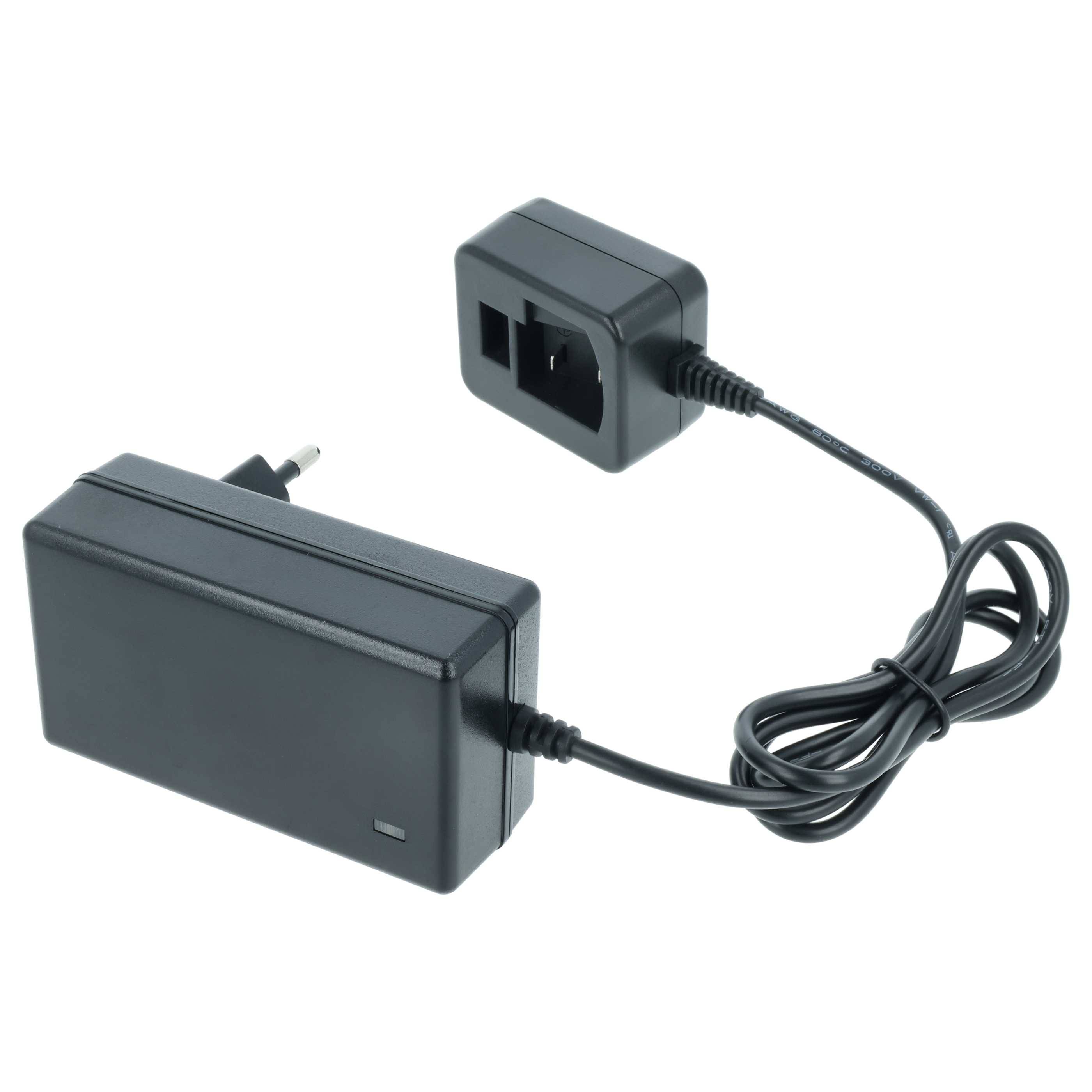 Schwarzer Stromadapter mit europäischem Zweipolstecker, der durch ein Kabel mit einem kleinen schwarzen weiblichen Steckverbinder verbunden ist.