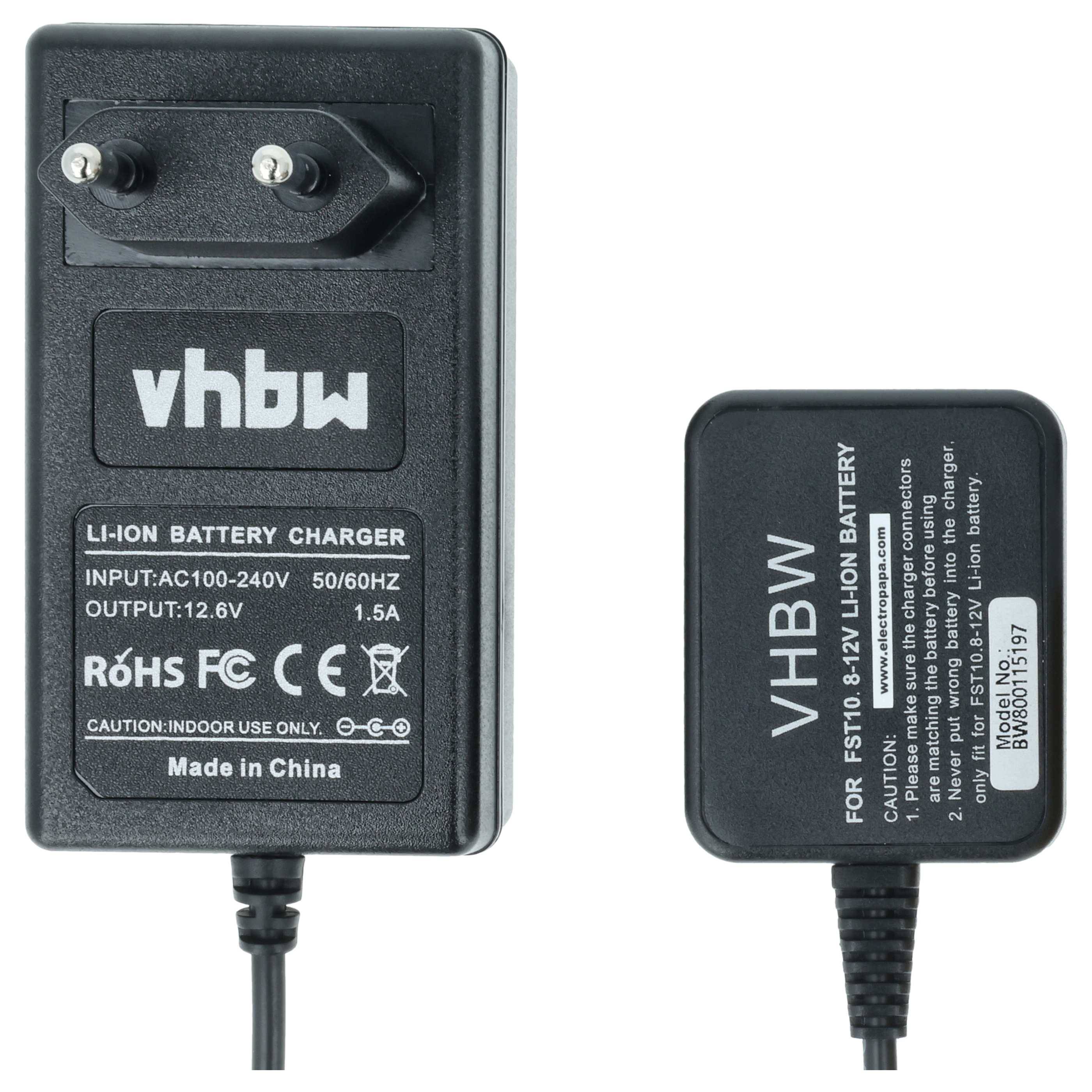 Zwei schwarze vhbw-Batterieladegeräte nebeneinander abgebildet: ein AC100-240V-Lithium-Ionen-Ladegerät mit Steckerkontakten und ein kompaktes 8,4-12V-Batterieladegerät mit Kabel.