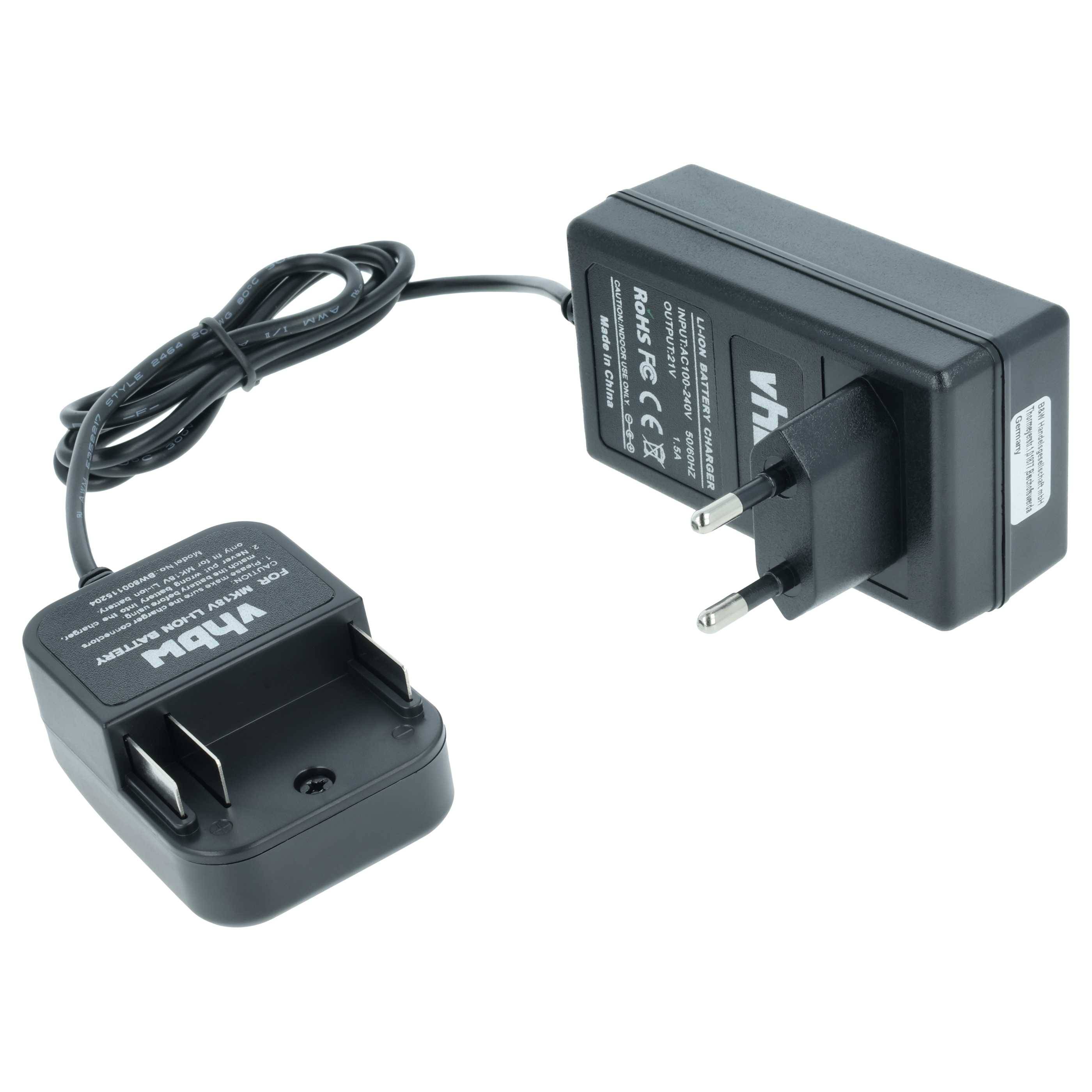 Ein schwarzer Stromadapter mit europäischem Stecker wird gezeigt, begleitet von einer abnehmbaren Basis mit verschiedenen Produktetiketten und Spezifikationen.