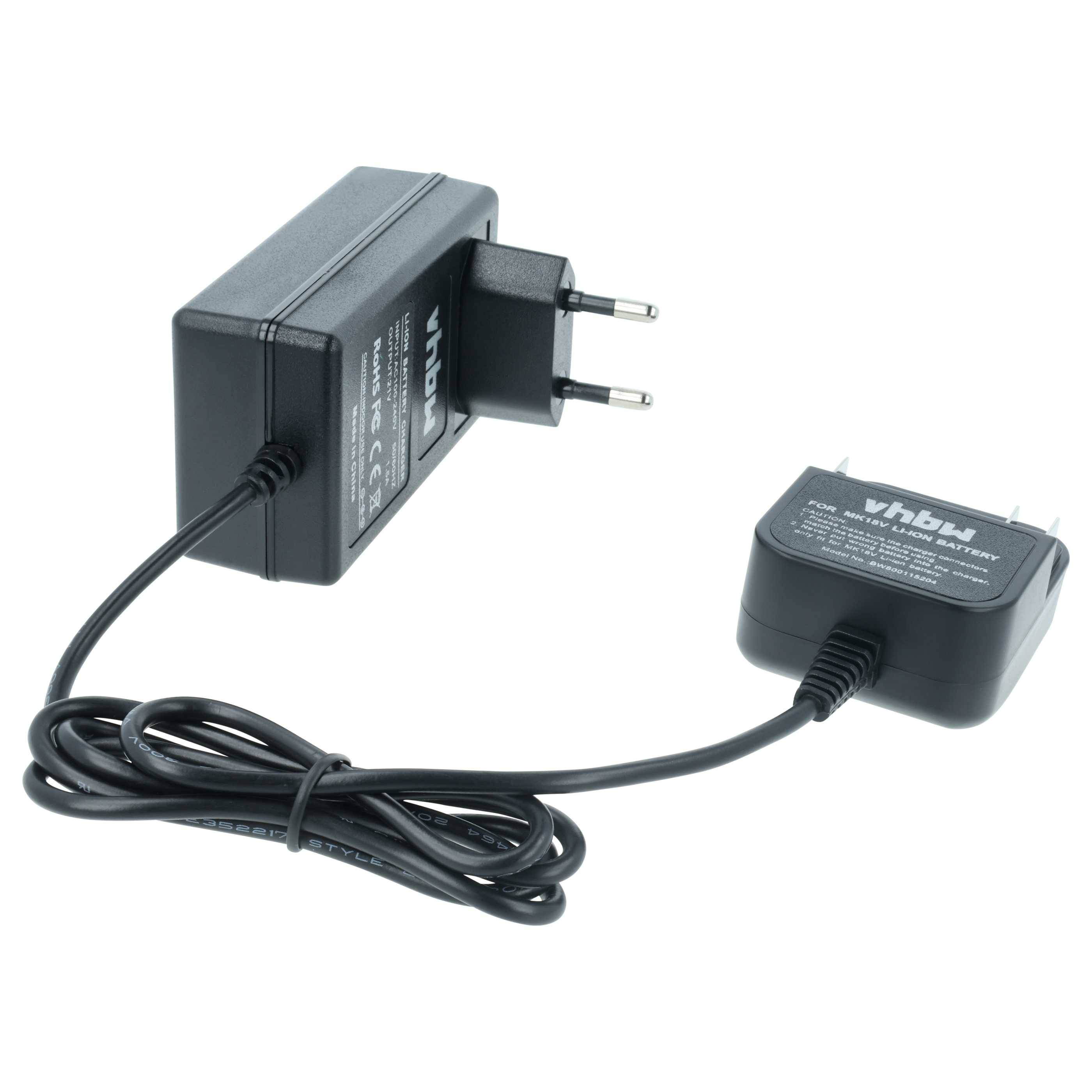 Ein schwarzer Vibhu-Stromadapter mit europäischem Stecker, konzipiert für AC-zu-DC-Wandlung, mit Standardspezifikationen auf dem Etikett.