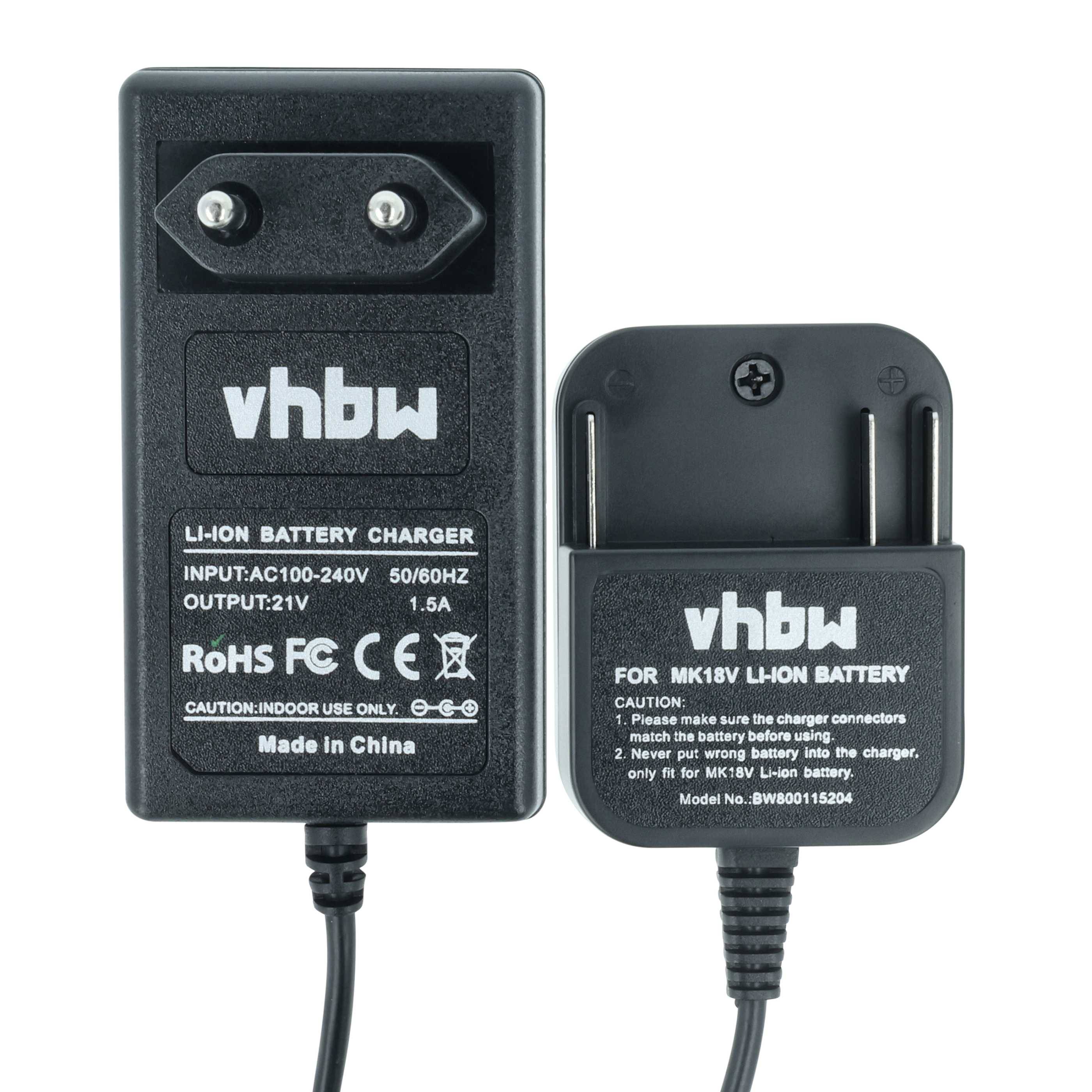 Ein schwarzer Batterieladegerät für MK18V Li-Ion Akku, mit Eingangsspannung 100-240V, Ausgangsspannung 21V, 1,5A. Mit der Markierung 'vhbw', ausgestattet mit internationalen Sicherheitssymbolen.