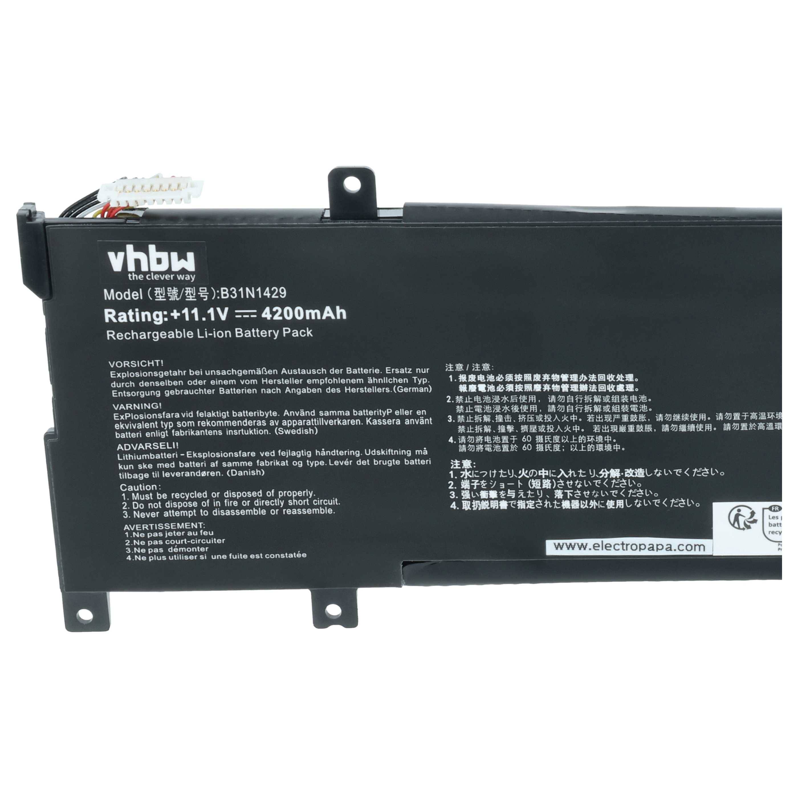 vhbw Akku kompatibel mit Asus VivoBook K501UW-DM039T, K501UW-DM043T, K501UW-FI038T Notebook (4200mAh, 11,1V, Li-Polymer)