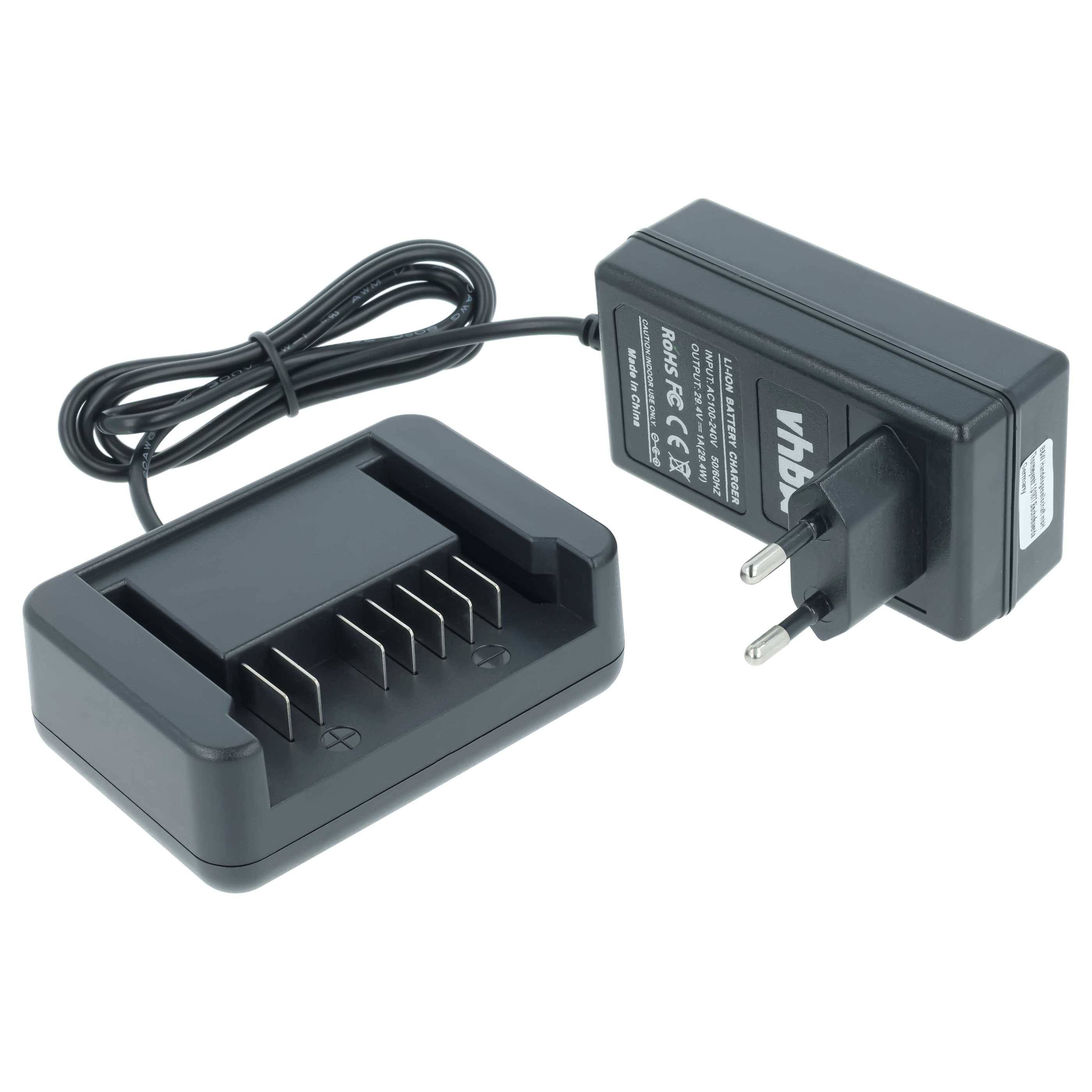 Schwarzer Batterieladegerät mit Stecknetzteil und Ladeschale für einen wiederaufladbaren Akku.
