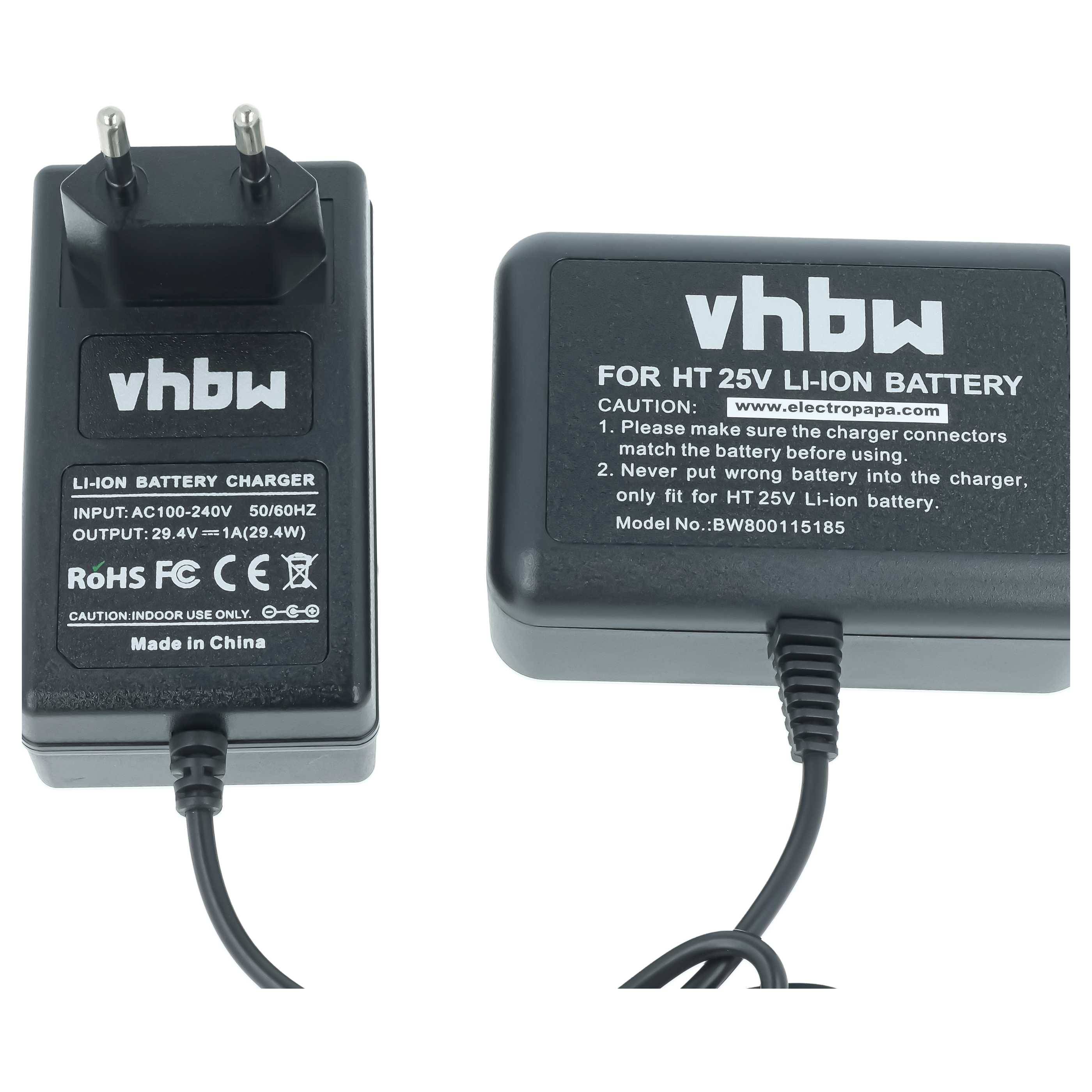 Zwei Ansichten eines YHBB-Lithium-Ionen-Batterieladegeräts mit angebrachtem Kabel und zweipoligem Stecker; Beschriftungen zeigen AC-Eingang, 29,4V-Ausgang und HT 25V-Batterieverwendung.