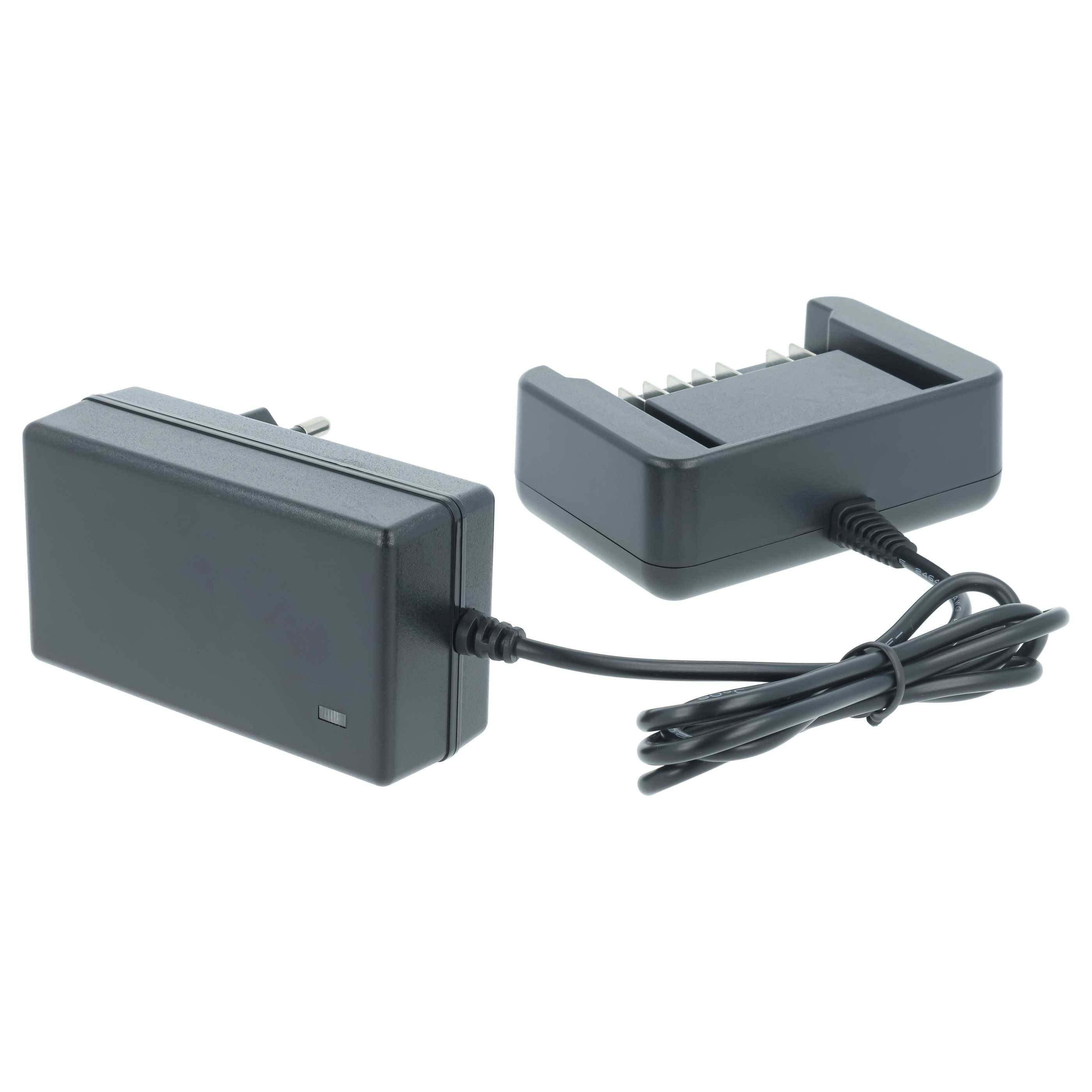 Schwarzer elektronischer Stromadapter mit angeschlossenem Kabel und Steckverbinder, shown on a white background.