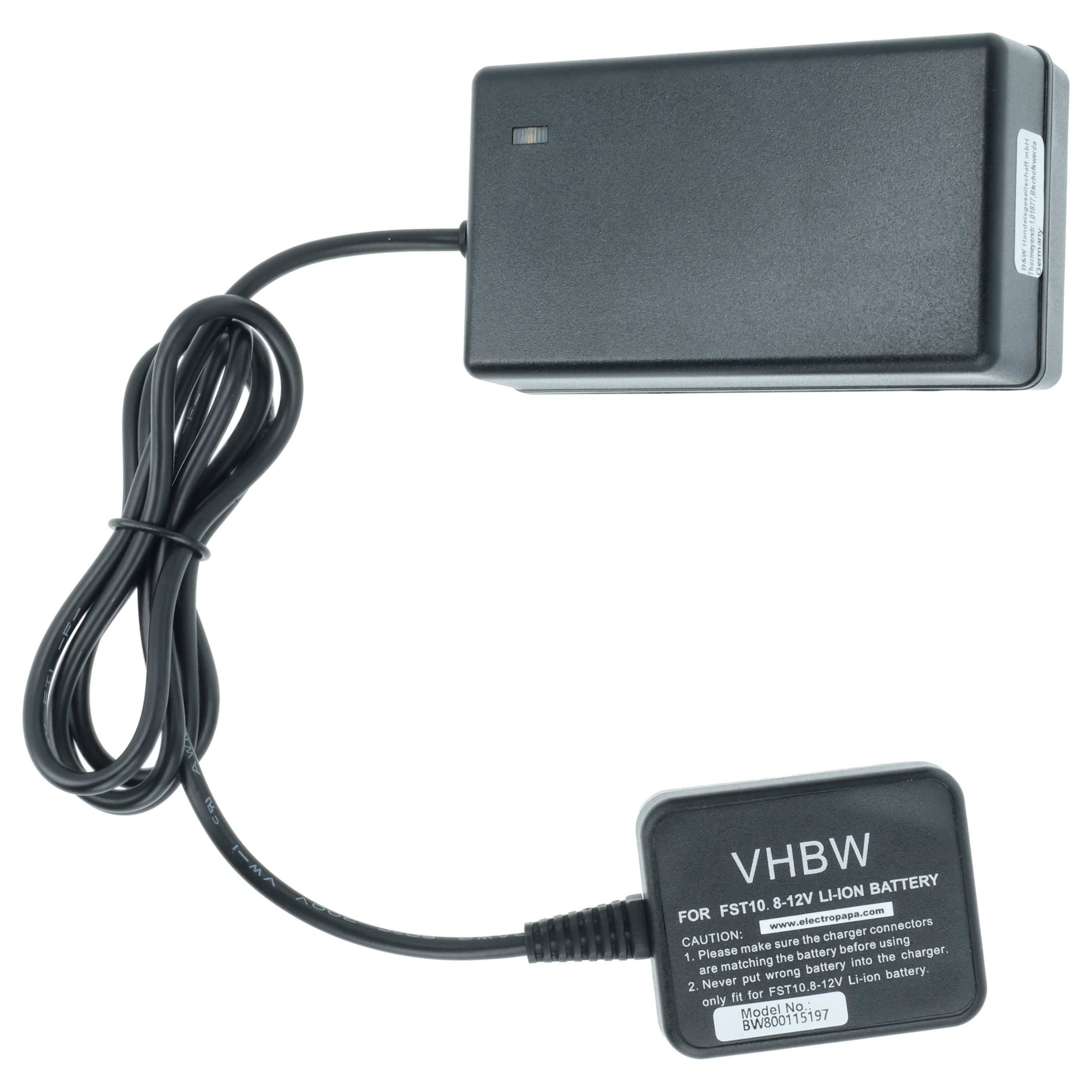 Schwarzes Batterieladegerät mit angebrachtem Kabel und Stecker mit der Bezeichnung „VHBW