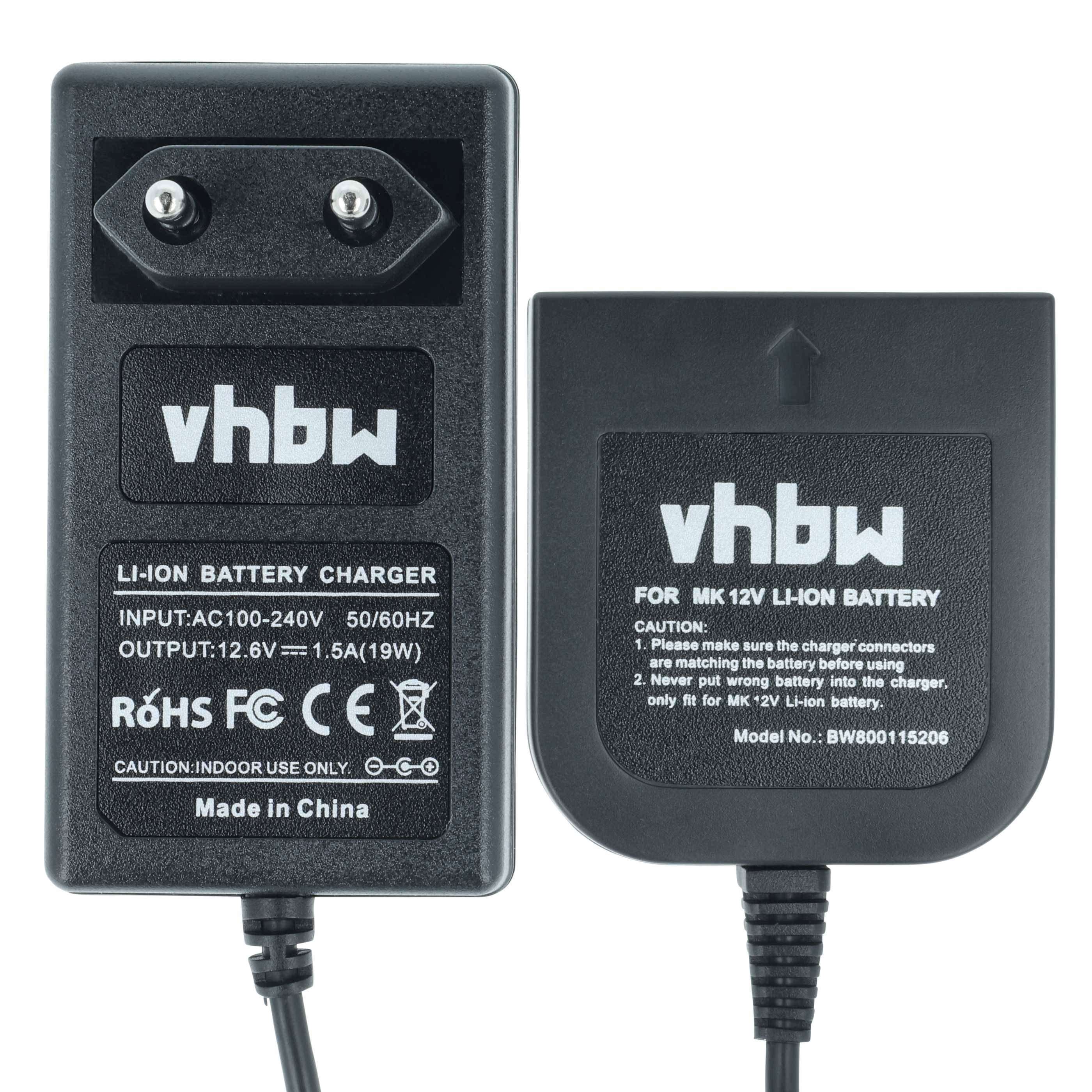 VHBW Li-Ion Batterieladegerät mit Eingang 100-240V, 50/60Hz, Ausgang 12,6V, 1,5A, 19W. Merkmale: RoHS-Konformität und mehrere Sicherheitswarnungen.
