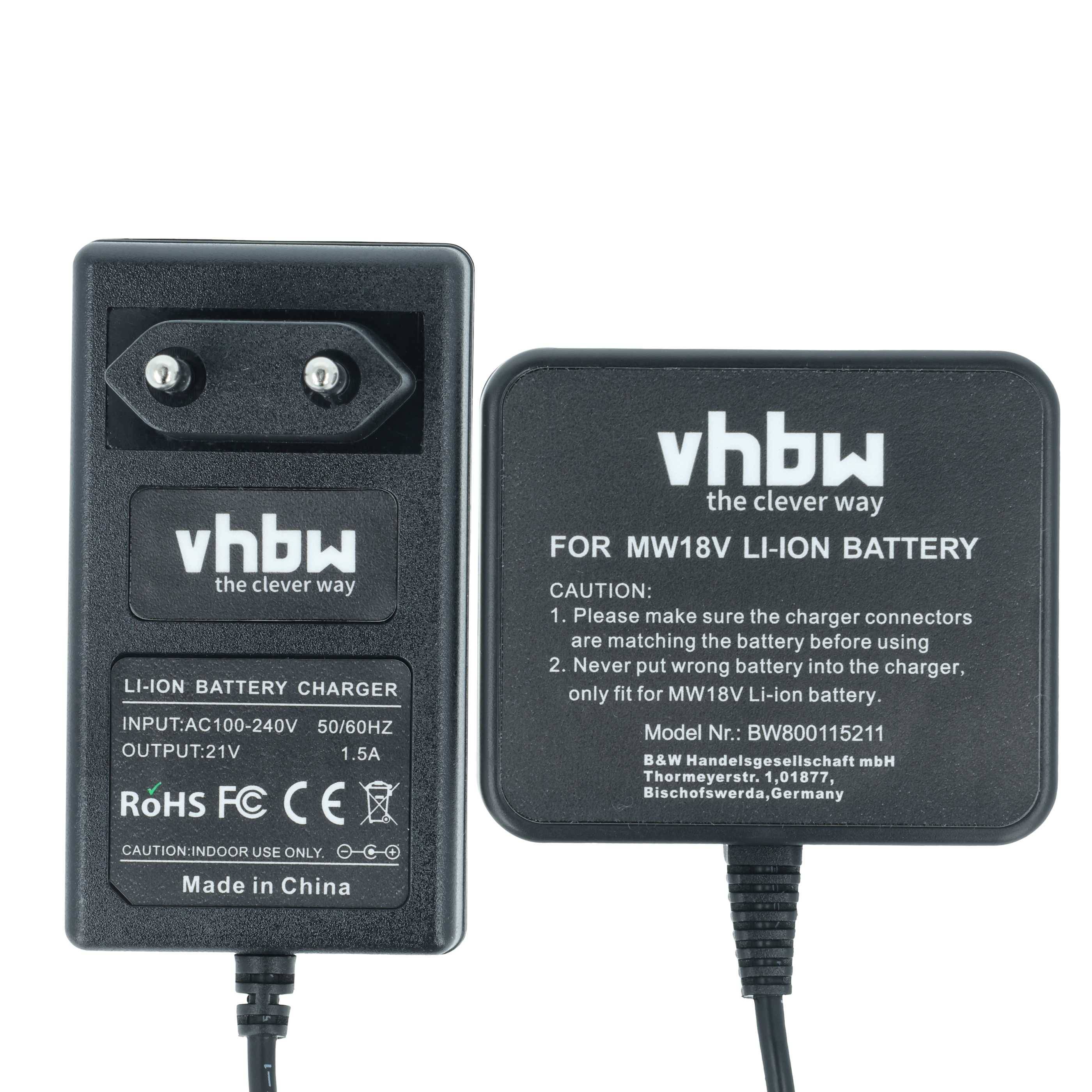 Ein schwarzer vhbw Ladegerät, gekennzeichnet für MW18V Li-Ion Akku, mit Eingangsspannung 100-240V, 50/60Hz, und Ausgangsspannung 21V, 1,5A, hergestellt in China.