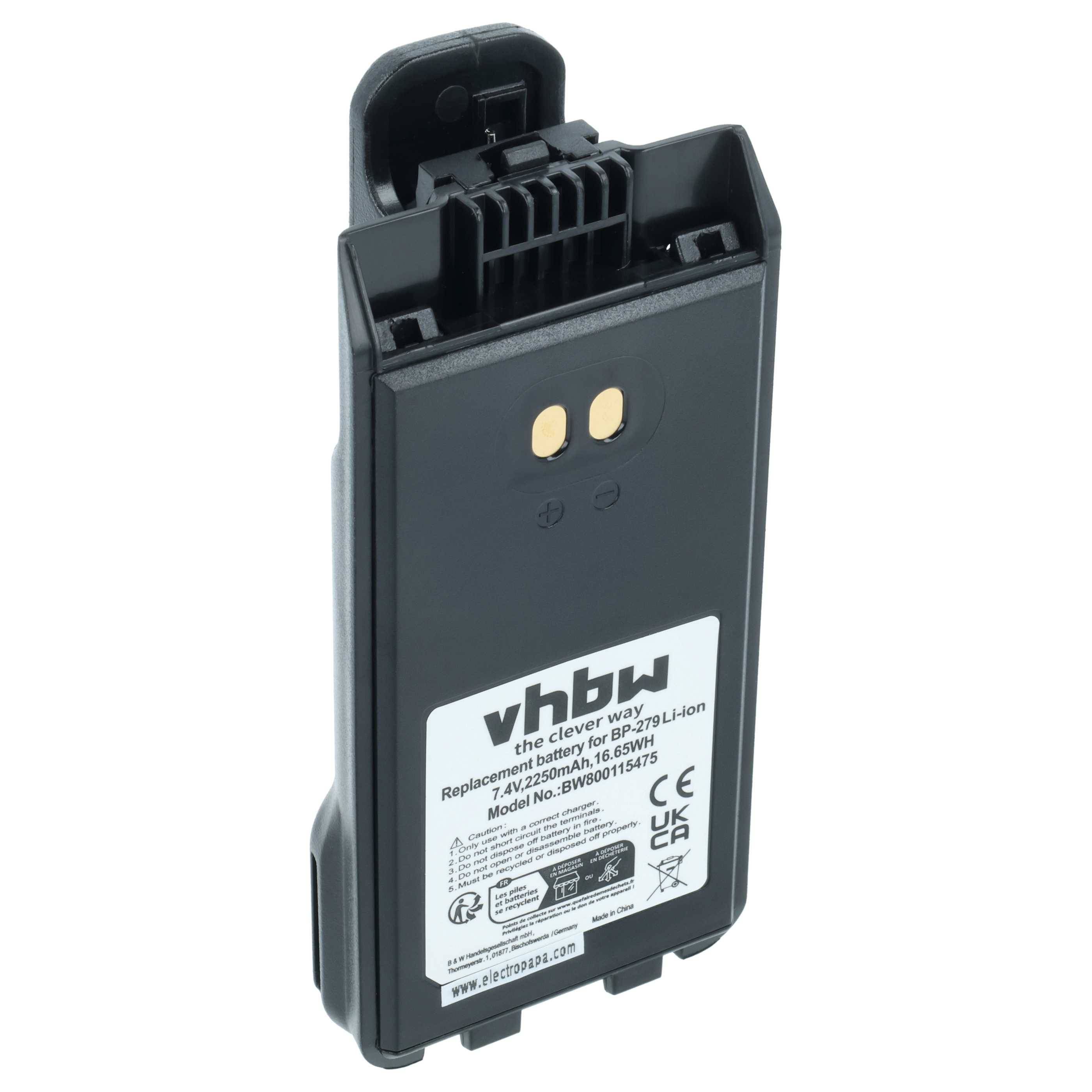 vhbw Akku Ersatz für BearCom für Funkgerät, Walkie Talkie (2250 mAh, 7,4 V, Li-Ion) + Gürtelclip