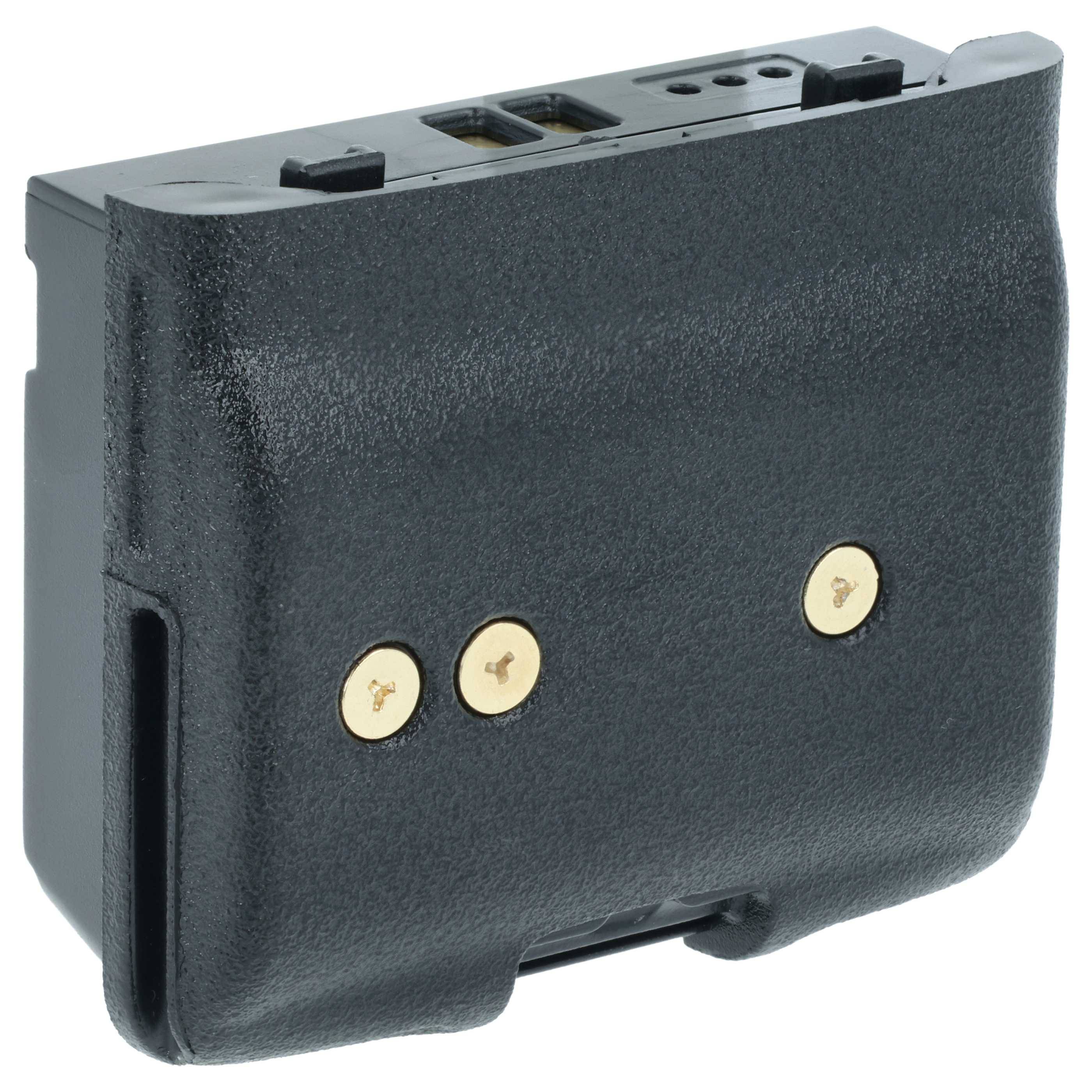 Eine schwarze elektronische Gerätebatterie mit drei goldenen Kontaktpunkten, die auf der Vorderseite sichtbar sind.