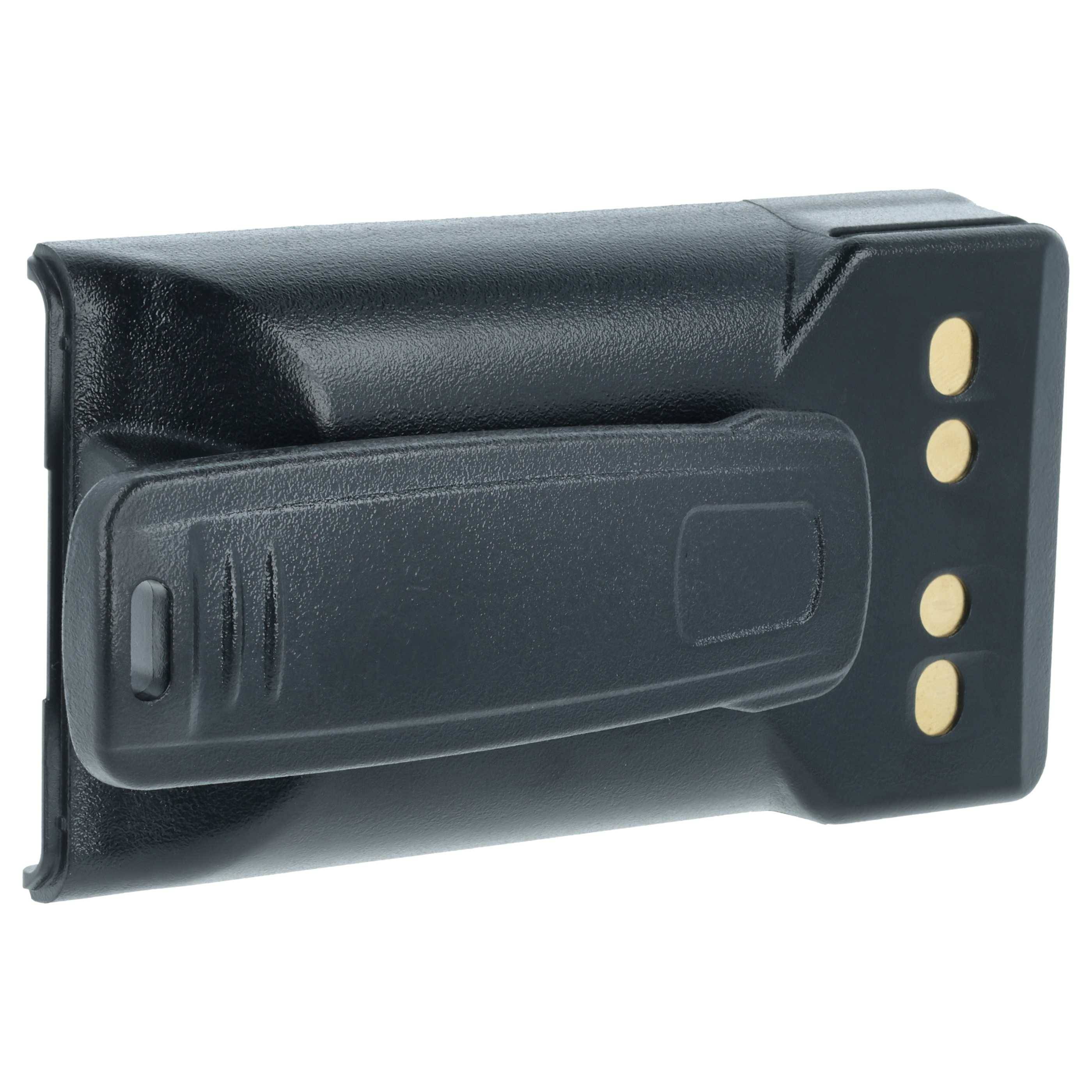 Eine schwarze wiederaufladbare Batteriebox mit einer Klemme, ausgestattet mit drei Kupferkontakten auf einer Seite.