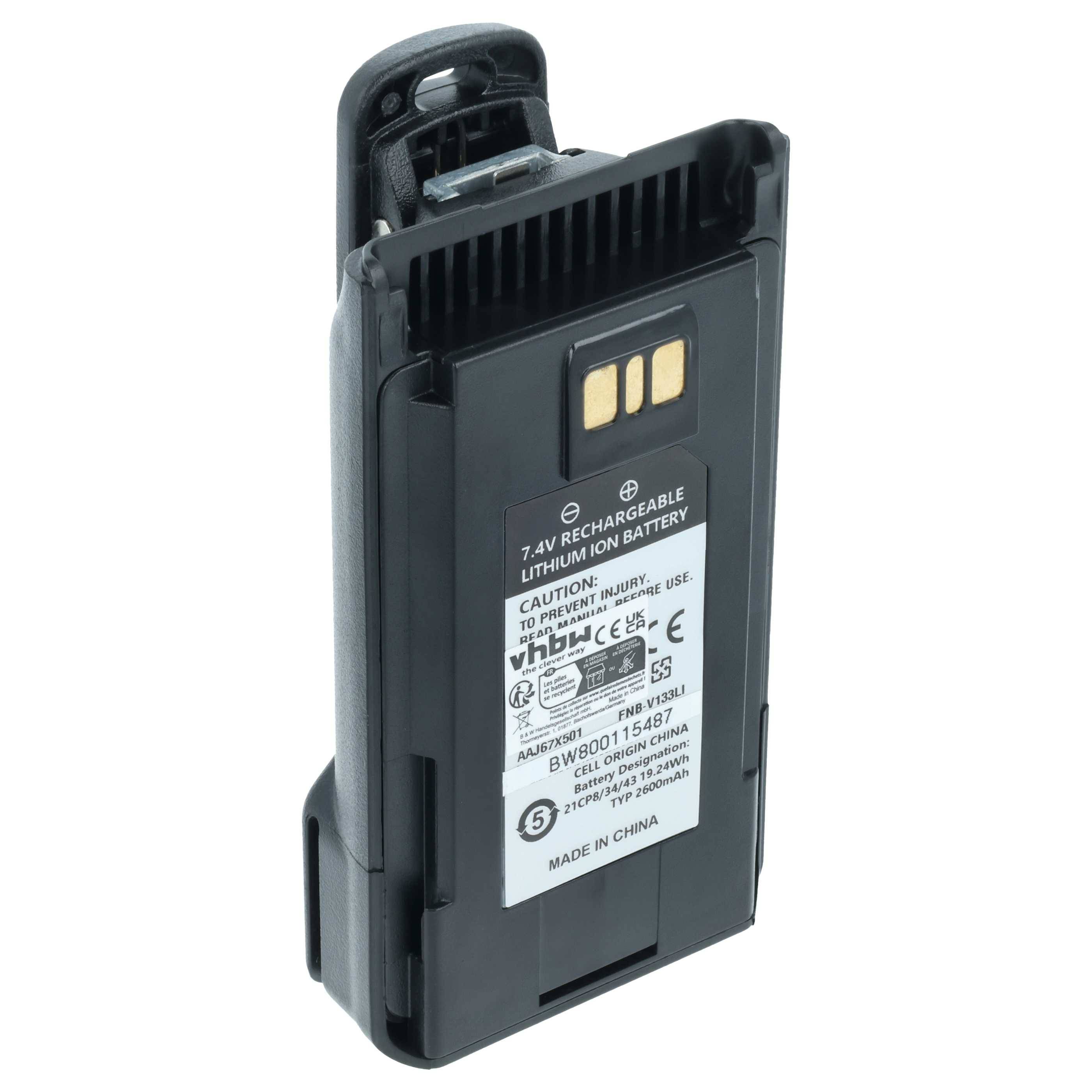 Eine schwarze Lithium-Ionen-Akku mit Etikett, das Spezifikationen zeigt, einschließlich 7,4V Kapazität und Warnhinweisen.