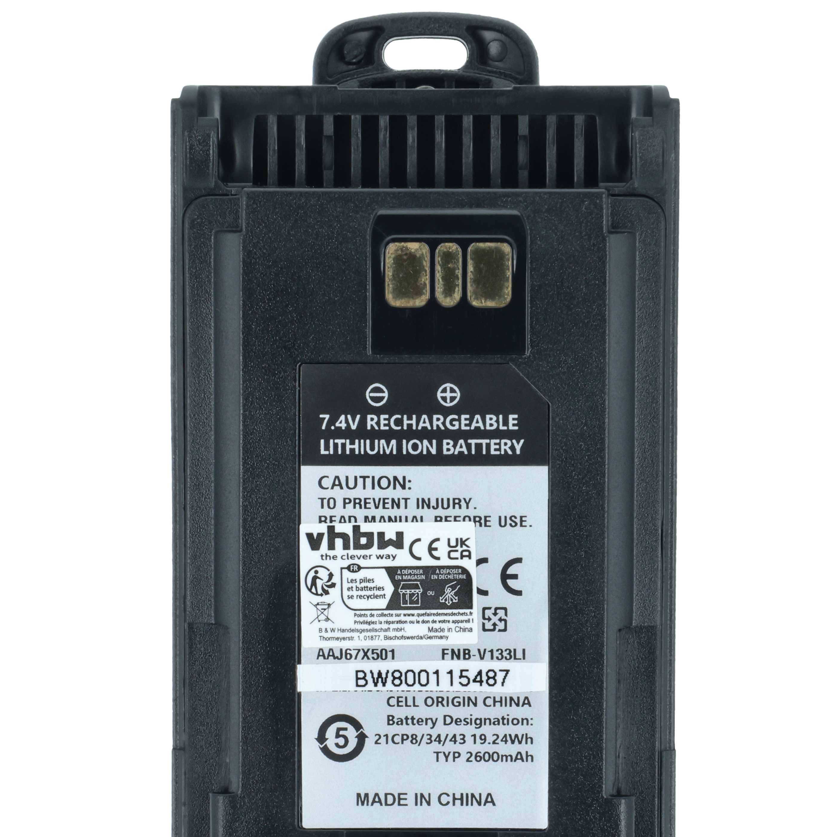 Wiederaufladbare Lithium-Ionen-Batterie mit Modellnummer BW800115487, 7,4V, 2600mAh Kapazität, mit Herstellerangaben auf Englisch und Chinesisch.
