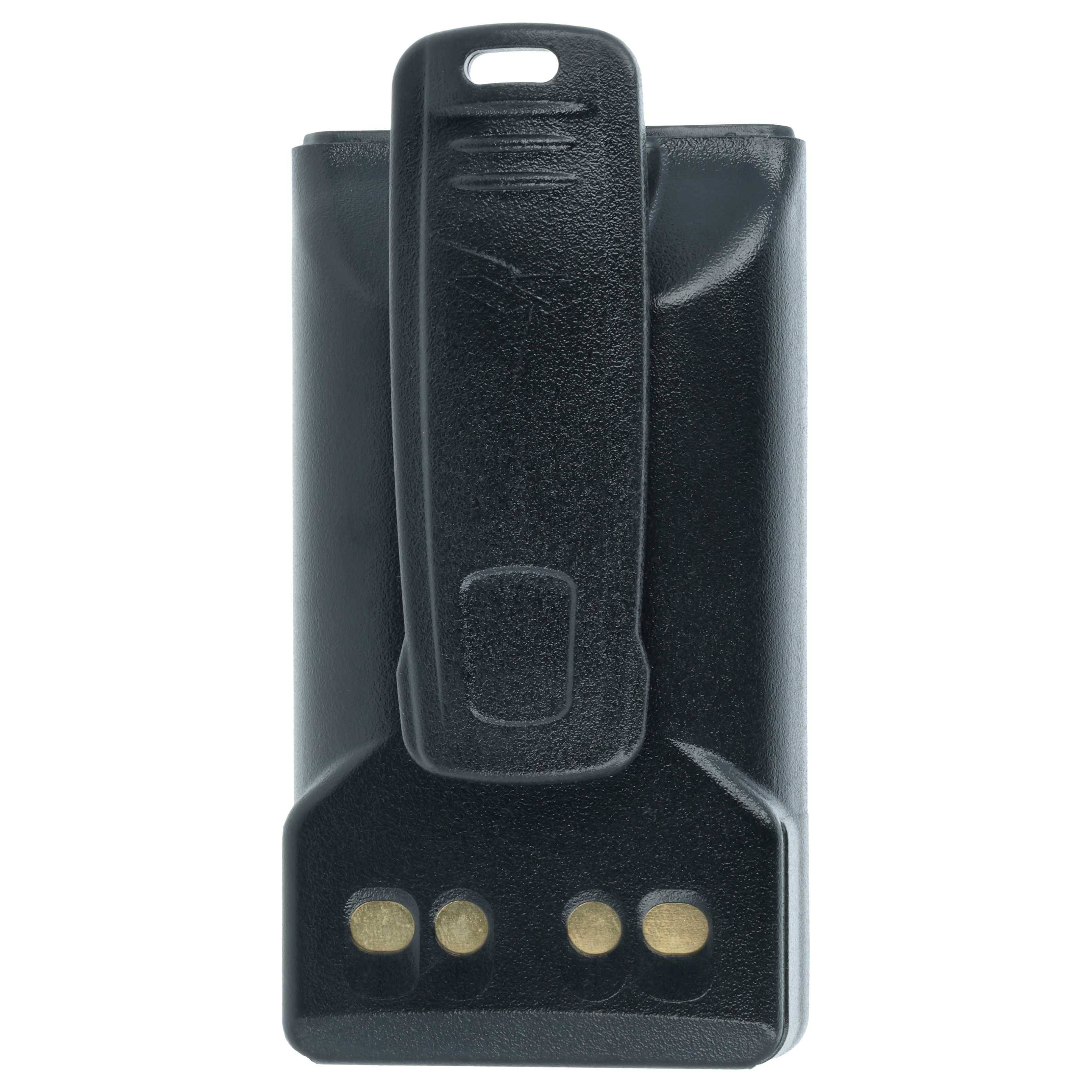 Ein schwarzer Radiobatteriepack mit Gürtelclip, ausgestattet mit vier goldenen Kontaktpunkten am unteren Ende zum Aufladen oder zur Geräteverbindung.