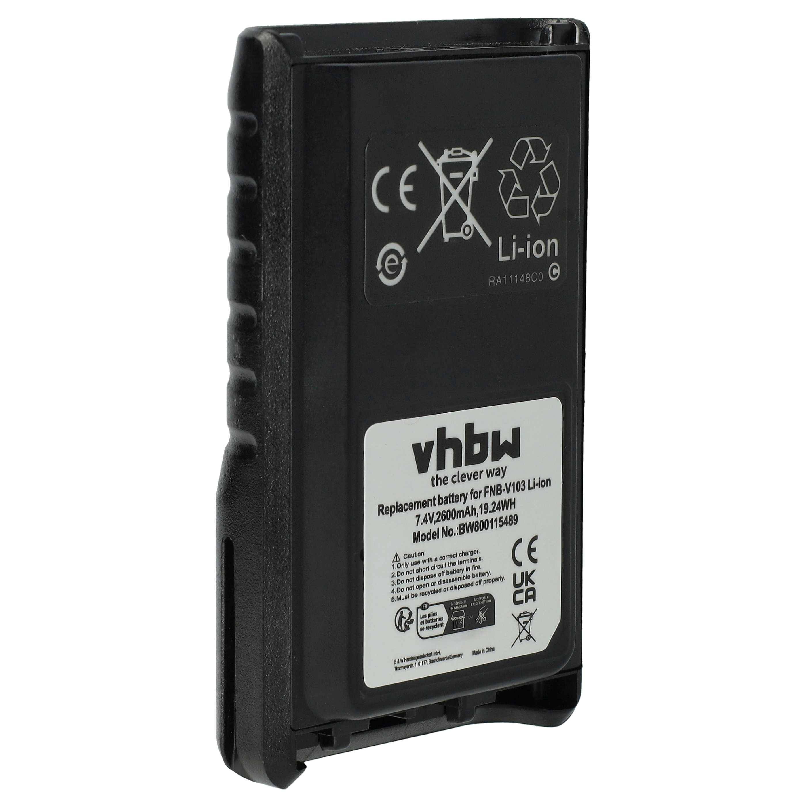 Eine schwarze vhbw Ersatz-Lithium-Ionen-Batterie, die verschiedene Zertifizierungslogos und Sicherheitsinformationen auf dem Etikett zeigt.