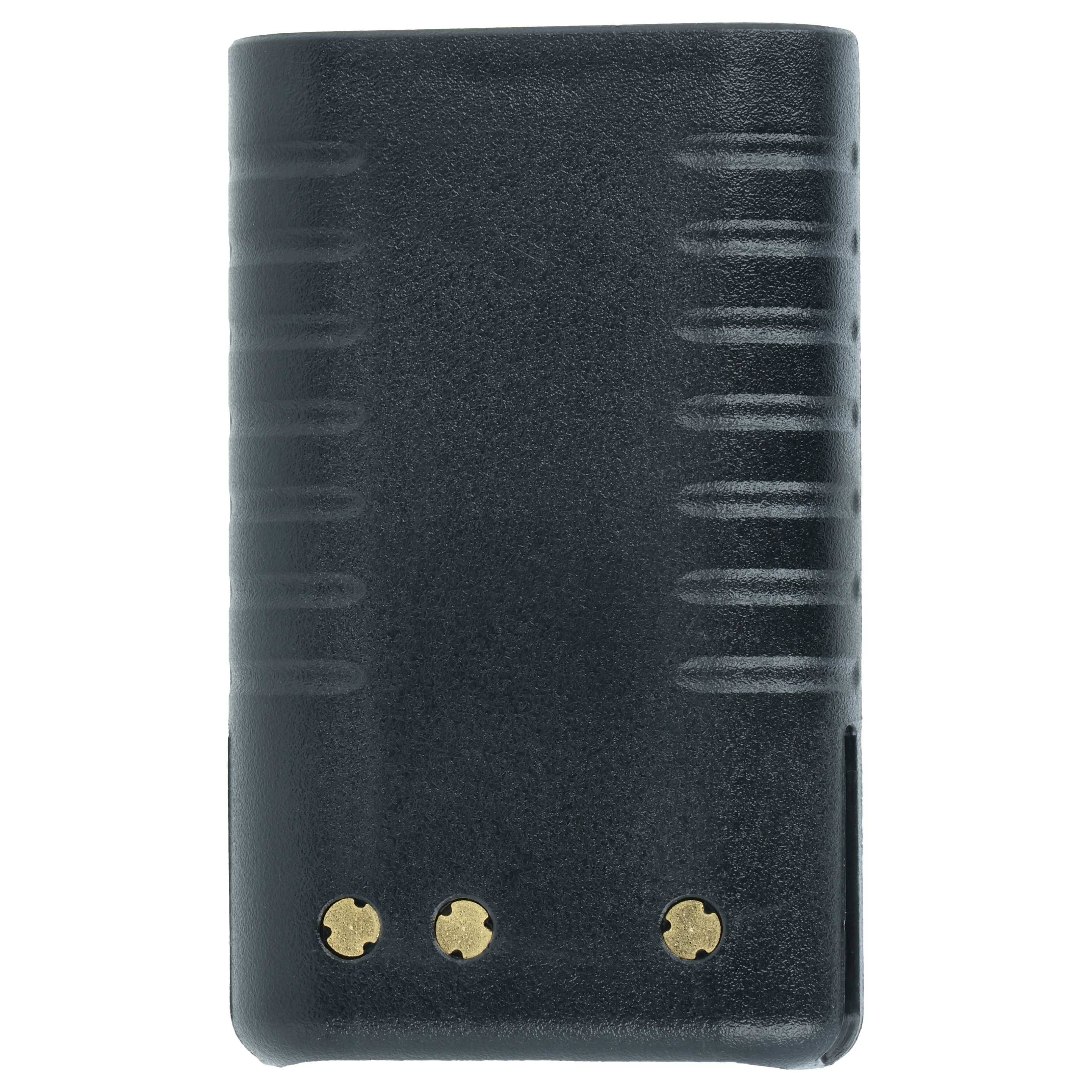 Schwarzes rechteckiges wiederaufladbares Batteriepaket mit drei vergoldeten Steckkontakten auf der Unterseite.