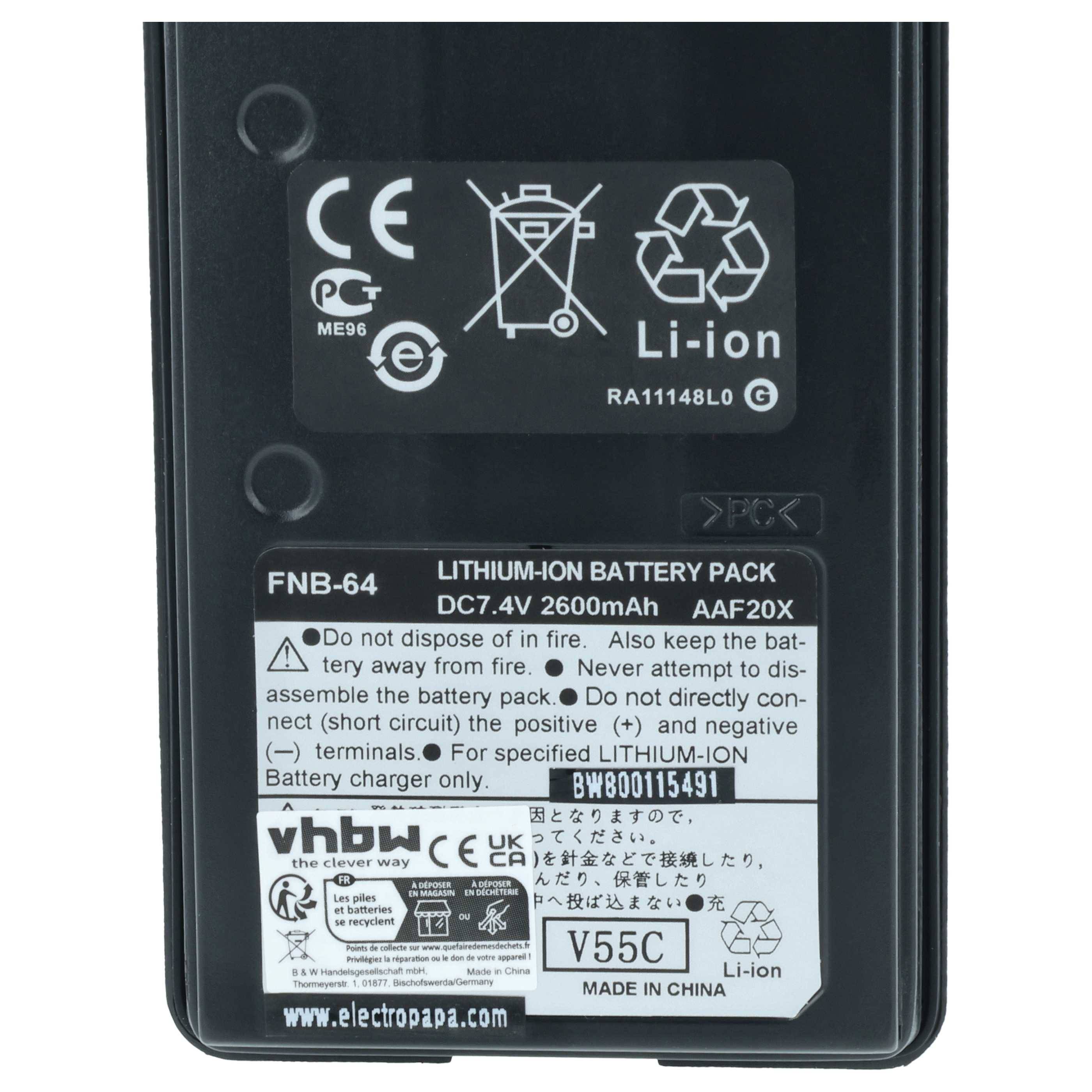 vhbw Akku kompatibel mit Yaesu Vertex FT-277R, FT-250R, FT-250E, FT60, FT-270R, FT-270E, FT-60 Funkgerät, Walkie Talkie (2600 mAh, 7,4 V, Li-Ion)