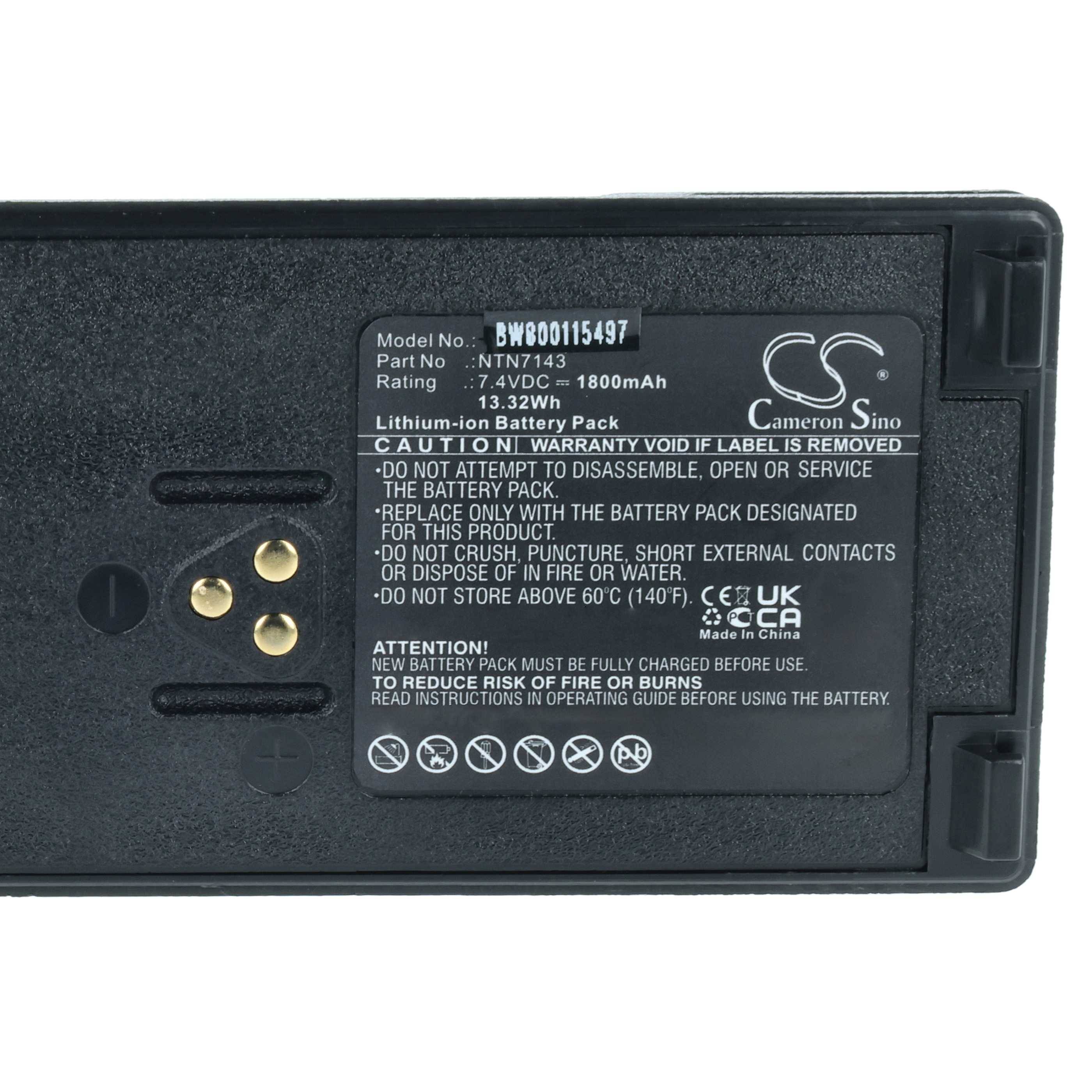 Akkupack mit Modellnummer BW800115497, 1,3V, 1800mAh Kapazität. Warnung vor Brandgefahr; offene Flammen und externe Kontakte vermeiden.