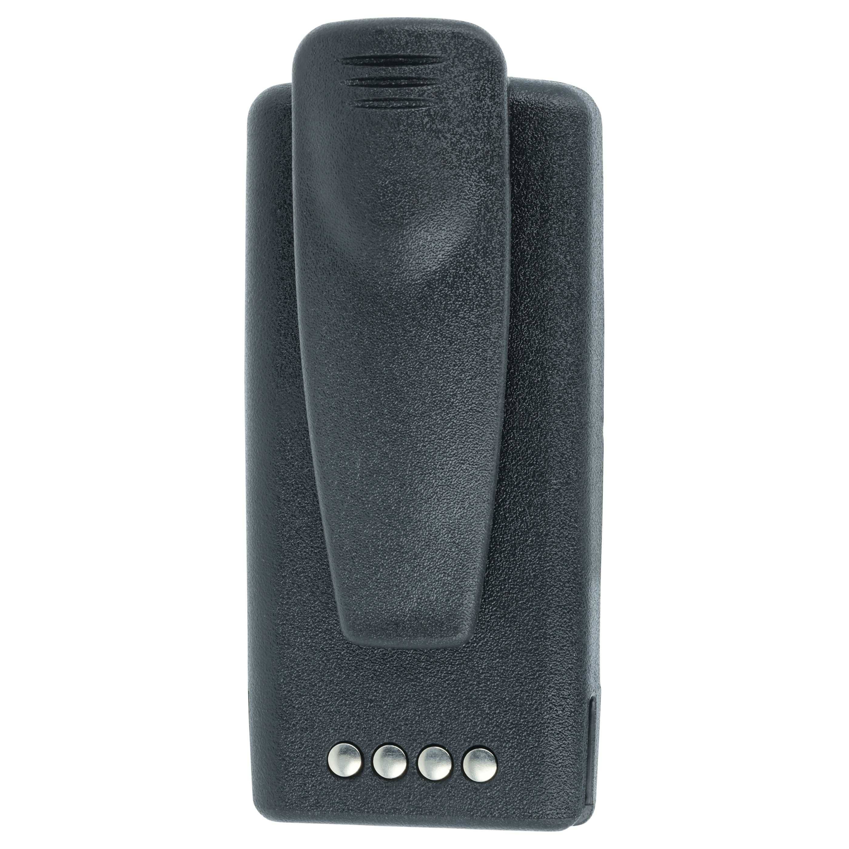 Ein schwarzer drahtloser Geräteempfänger mit einer strukturierten Oberfläche und vier silbernen Tasten am unteren Rand, der für Fernbedienungsfunktionen verwendet wird.