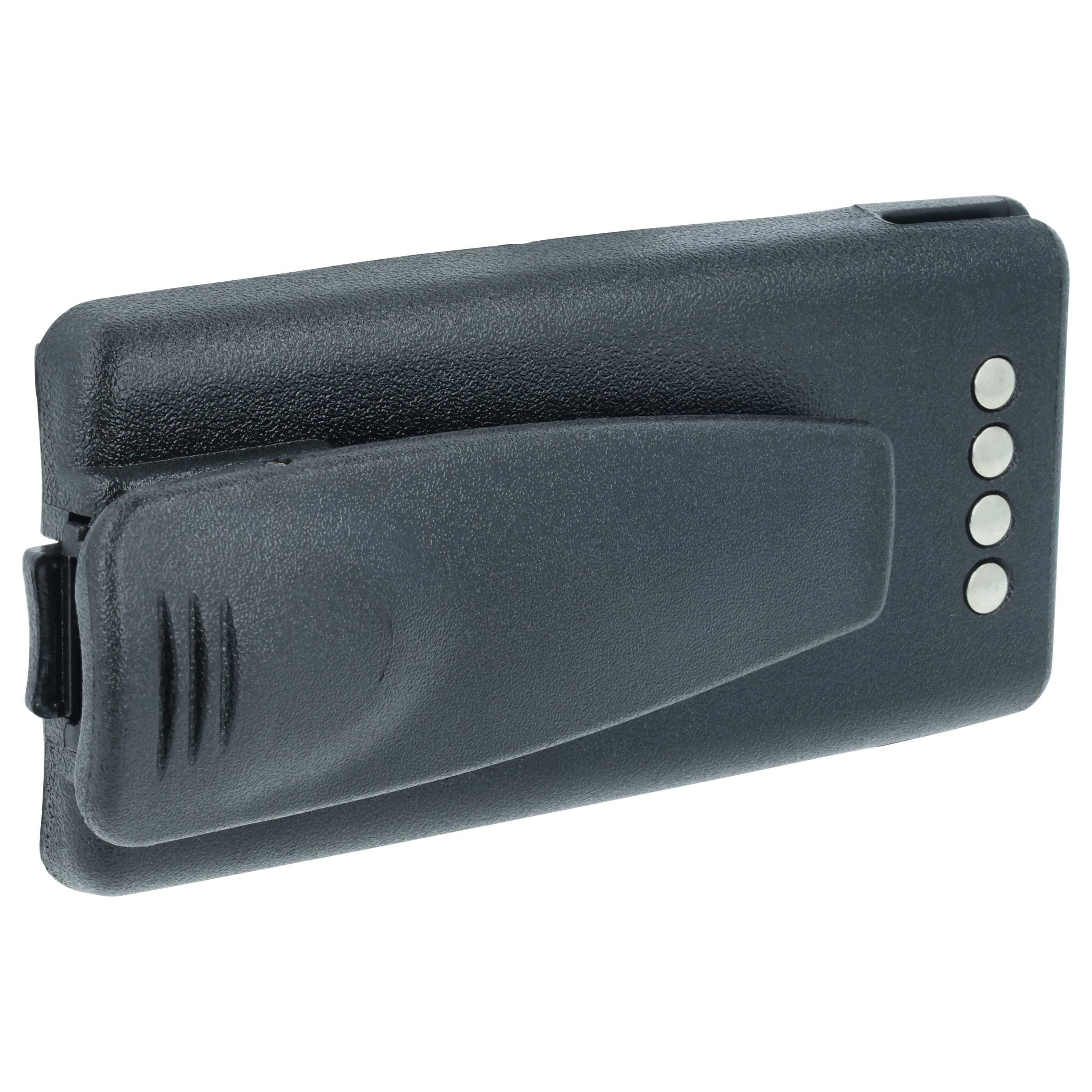 Ein schwarzer Pager mit vier silbernen Tasten auf der rechten Seite, mit einer Gürtelklammer auf der Rückseite.