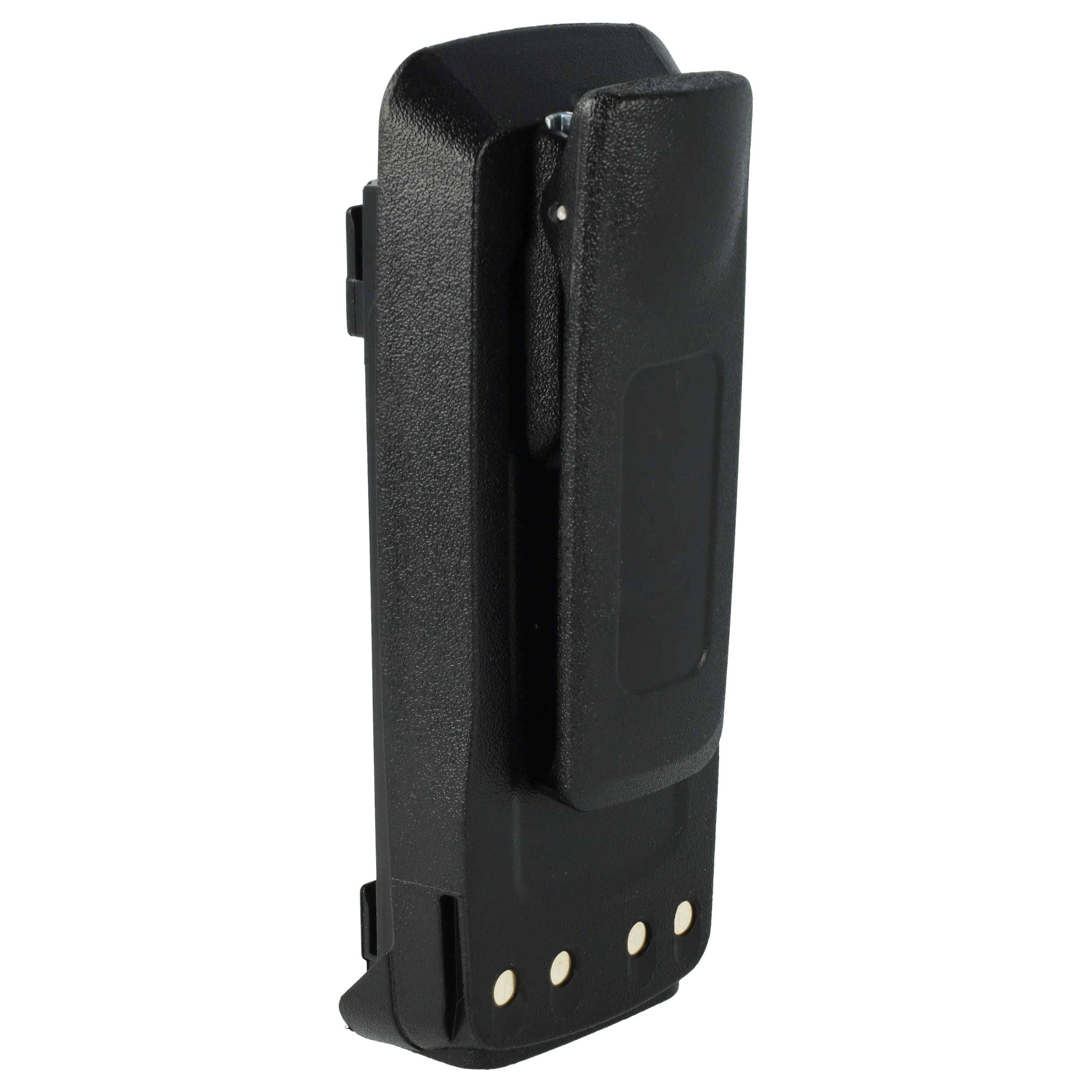 Ein schwarzes elektronisches Gerätebatteriepaket mit Metallkontakten an der Unterseite und einem Clip auf der Rückseite zum Anbringen an einem Gerät.