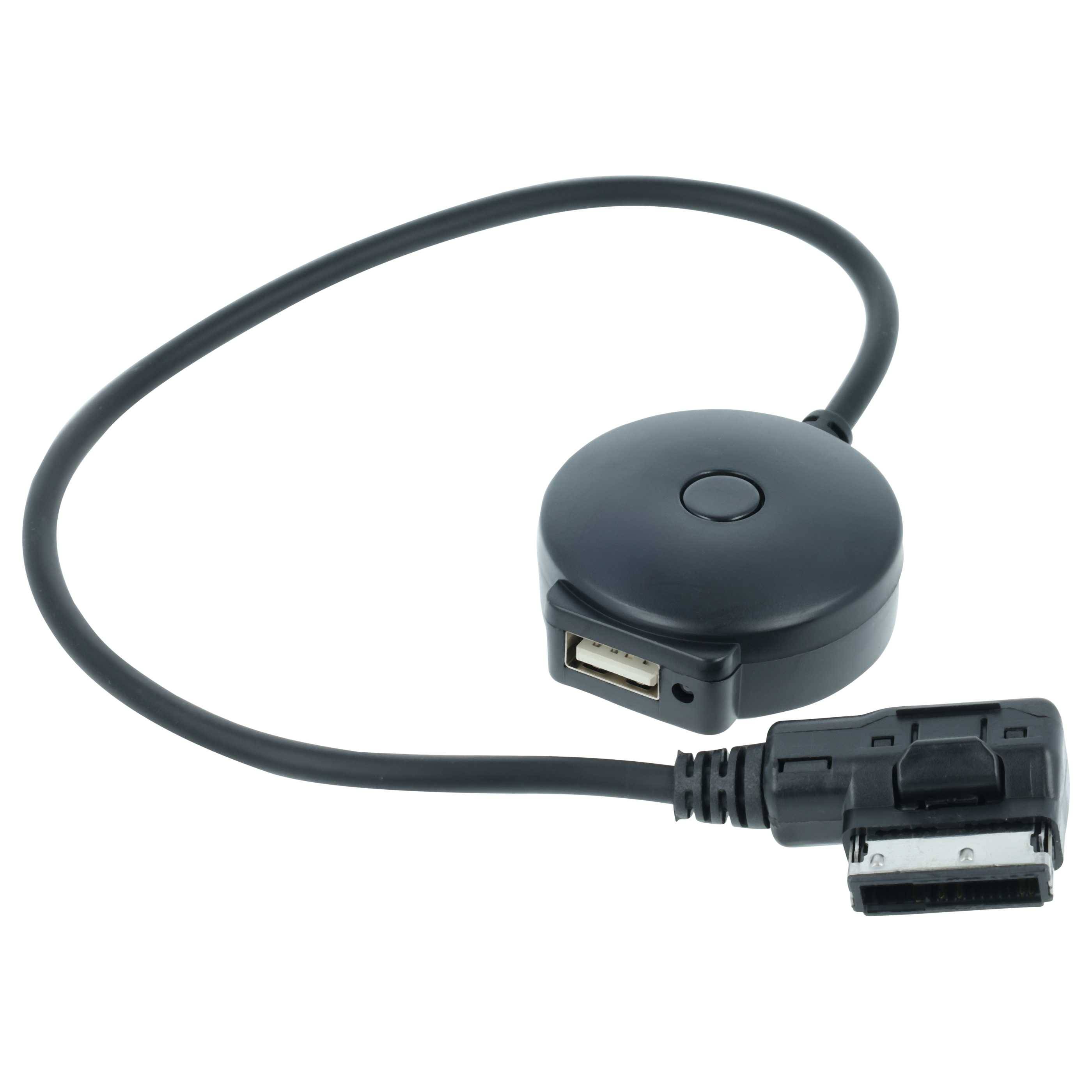 Schwarzes USB-Kabel mit rundem Inline-Schaltmodul und Winkelstecker, auf weißem Hintergrund gezeigt.