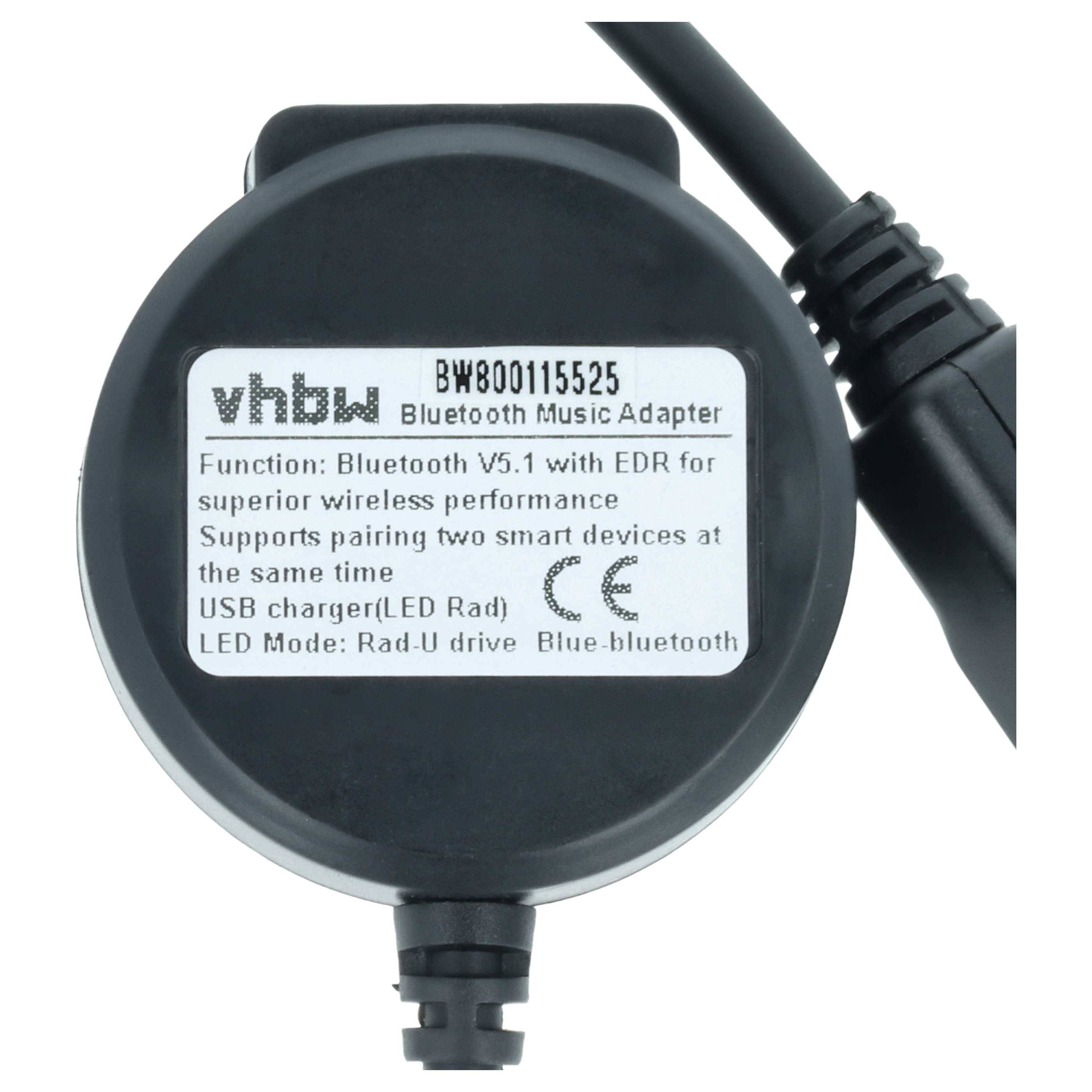Schwarzer runder Bluetooth-Musikadapter mit Kabel; Etikett zeigt „Bluetooth V5.1 mit EDR