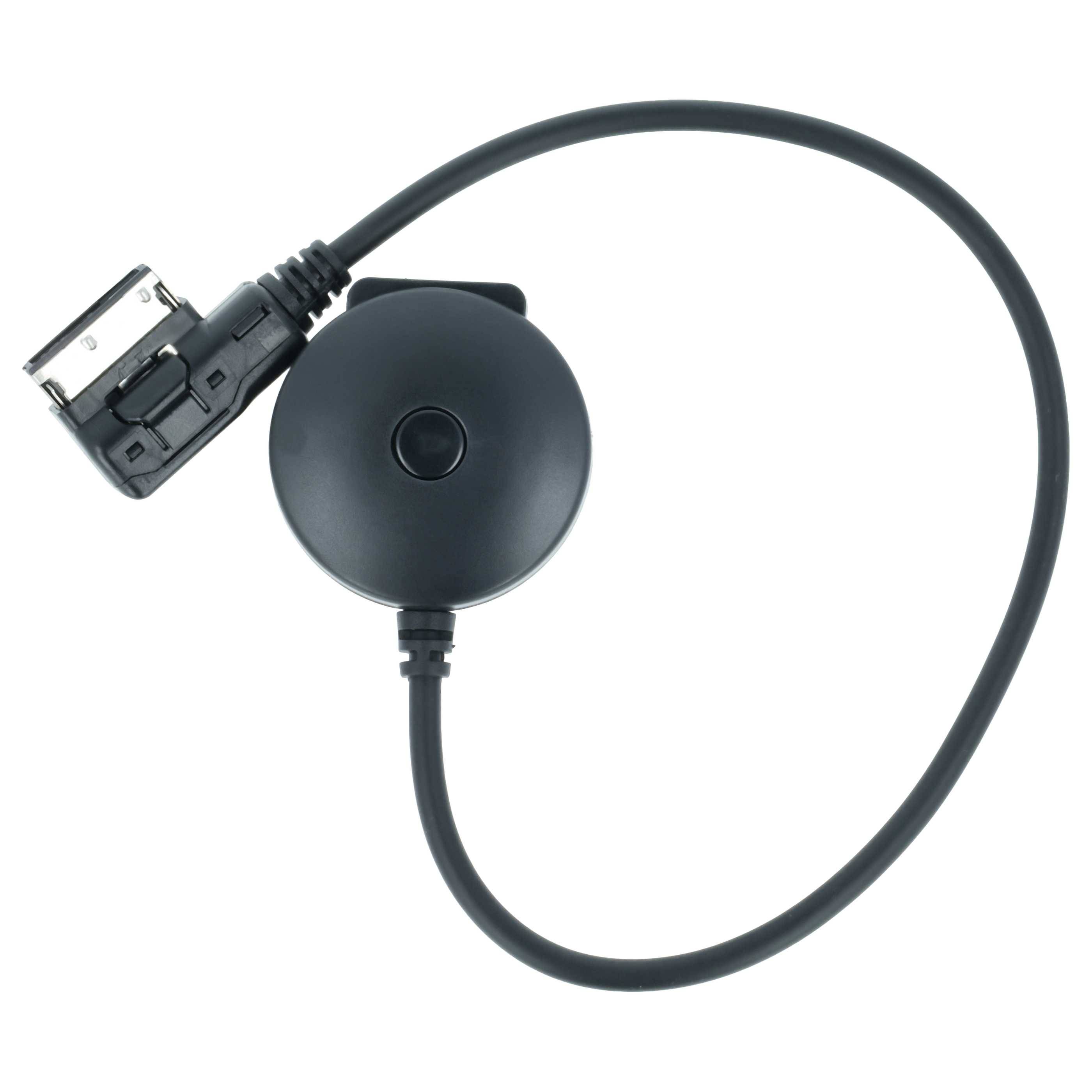 Schwarzes Ladekabel mit rundem Inline-Adapter und USB-Anschluss auf weißem Hintergrund.