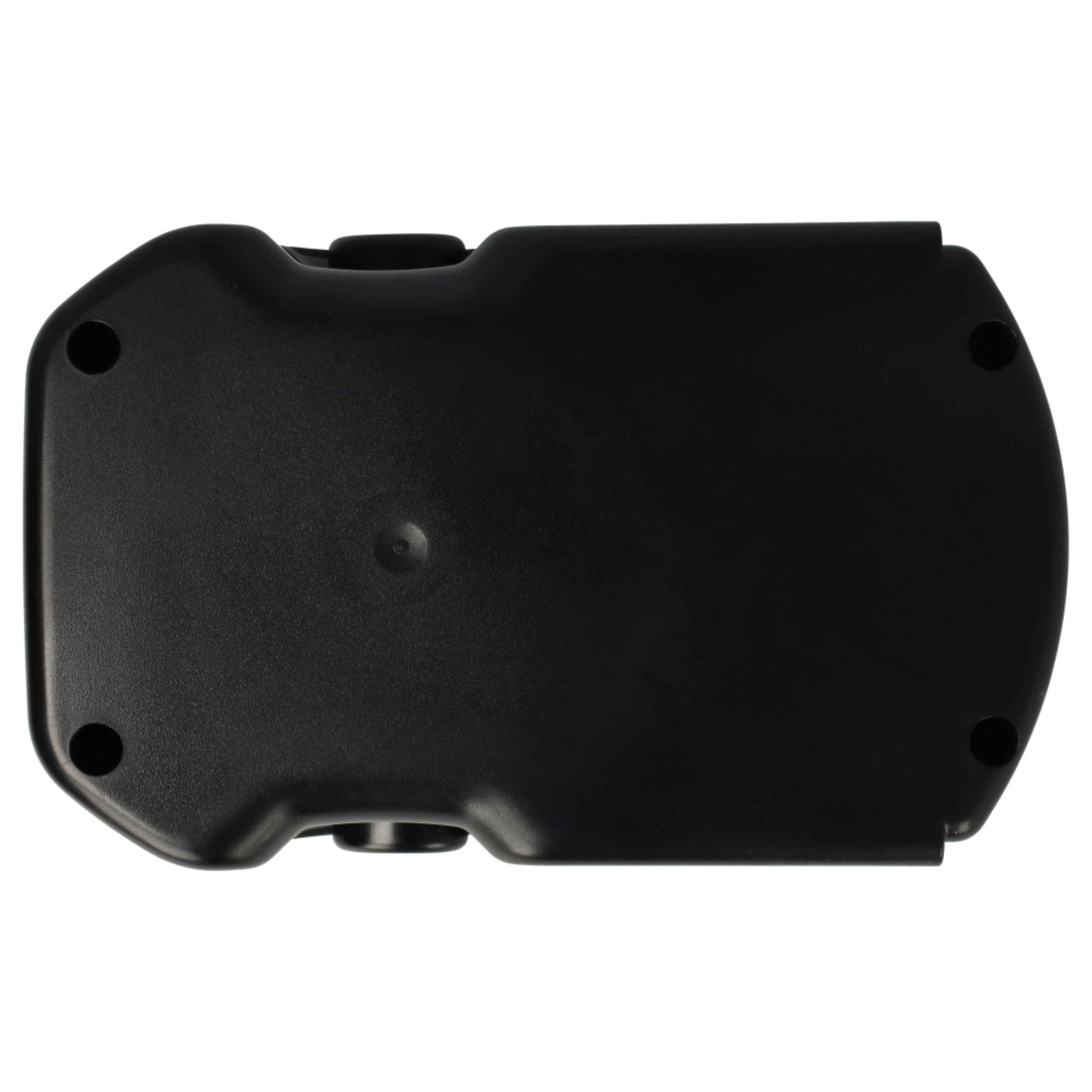 Ein schwarzes, rechteckiges elektronisches Gerät mit abgerundeten Kanten und einem kleinen kreisförmigen Knopf auf der Oberseite, möglicherweise eine Fernbedienung, von oben betrachtet.