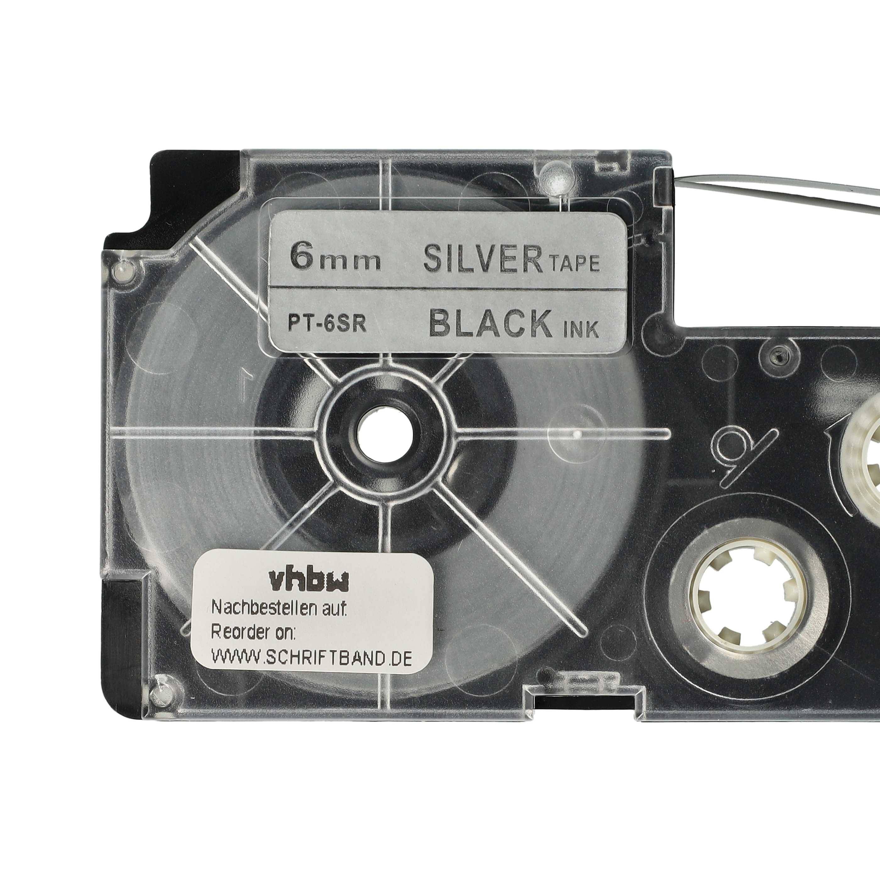 vhbw Schriftband-Kassette kompatibel mit Casio KL-750E, KL-8100, KL-7400, KL-820, KL-780, KL-7200 Etiketten-Drucker 8m x 6mm Schwarz auf Silber