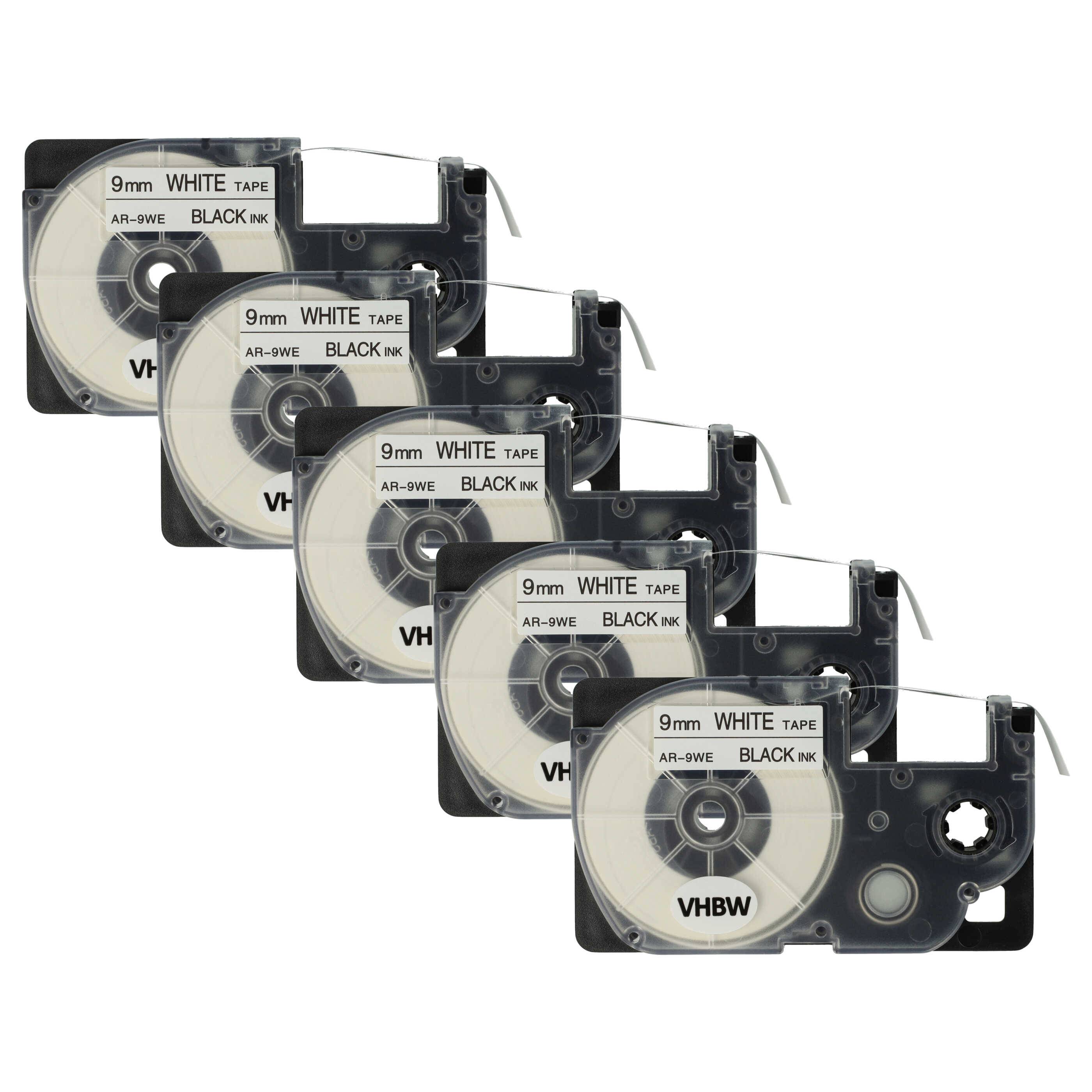 vhbw 5x Schriftband-Kassette kompatibel mit Casio KL-200, KL-130, KL-100E, KL-120, KL-1500, CW-L300 Etiketten-Drucker 8m x 9mm Schwarz auf Weiß