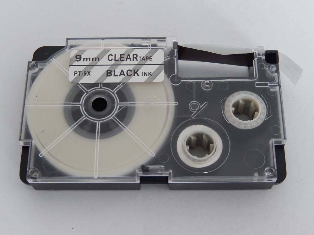vhbw Schriftband-Kassette kompatibel mit Casio KL-200, KL-130, KL-100E, KL-120, KL-1500, CW-L300 Etiketten-Drucker 8m x 9mm Schwarz auf Transparent