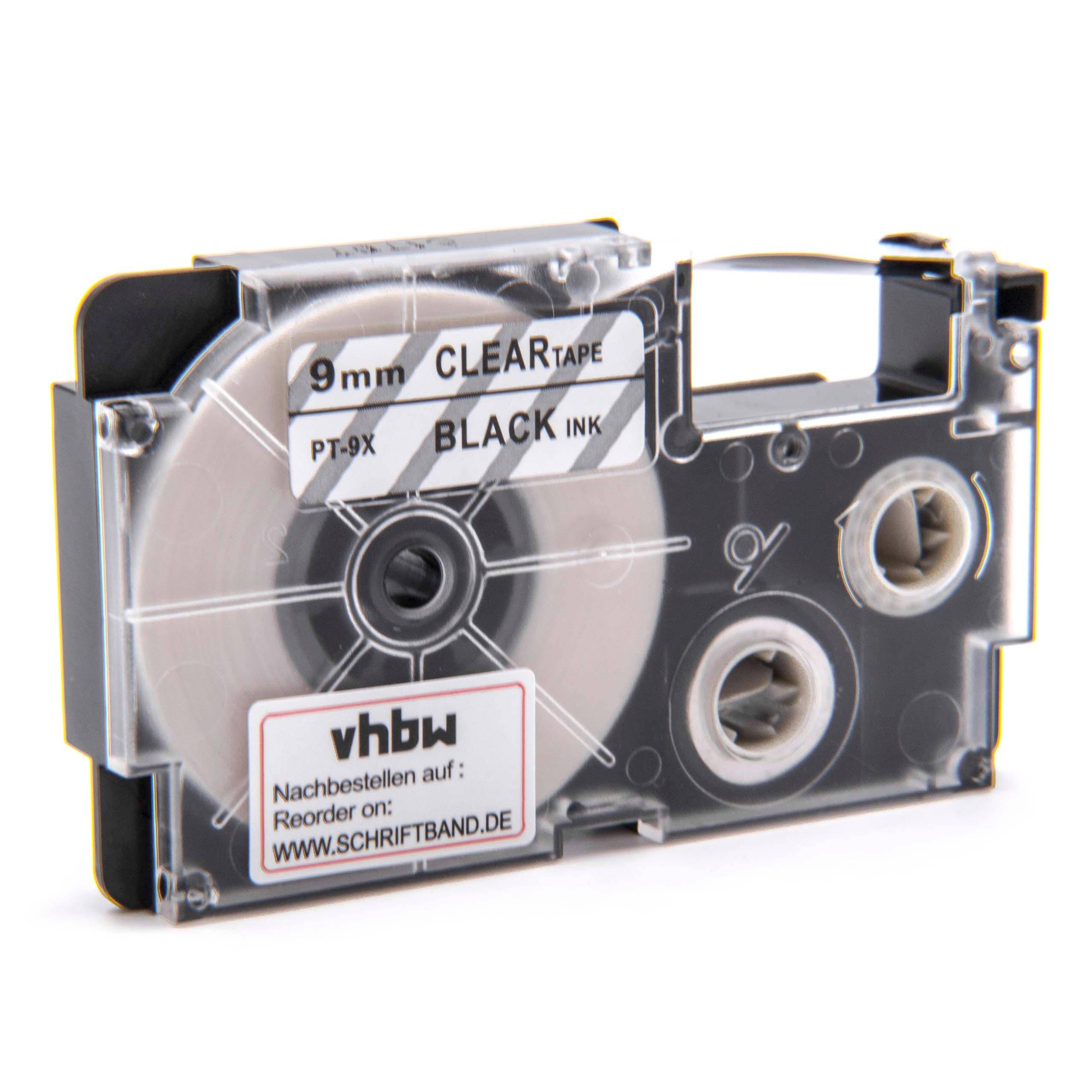 vhbw Schriftband-Kassette kompatibel mit Casio KL-2000, KL-300, KL-70E, KL-200E, KL-60, KL-7000 Etiketten-Drucker 8m x 9mm Schwarz auf Transparent