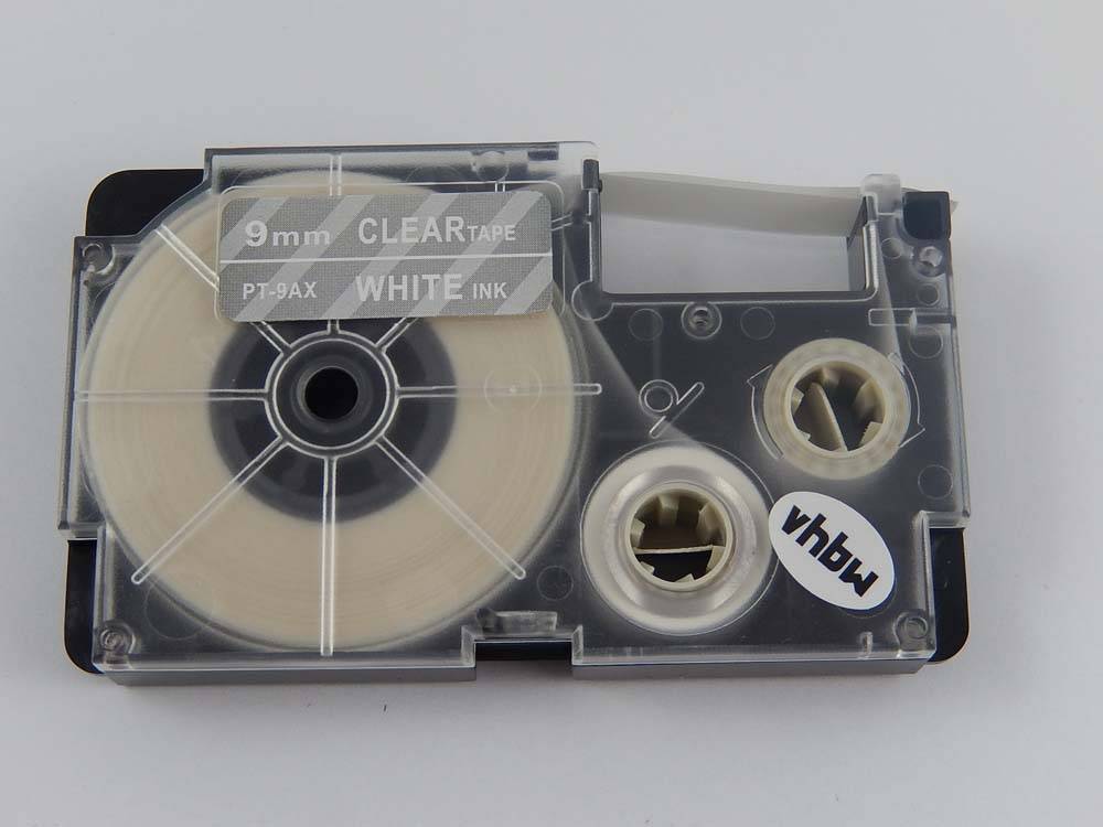 vhbw Schriftband-Kassette kompatibel mit Casio KL-750E, KL-8100, KL-7400, KL-820, KL-780, KL-7200 Etiketten-Drucker 8m x 9mm Weiß auf Transparent