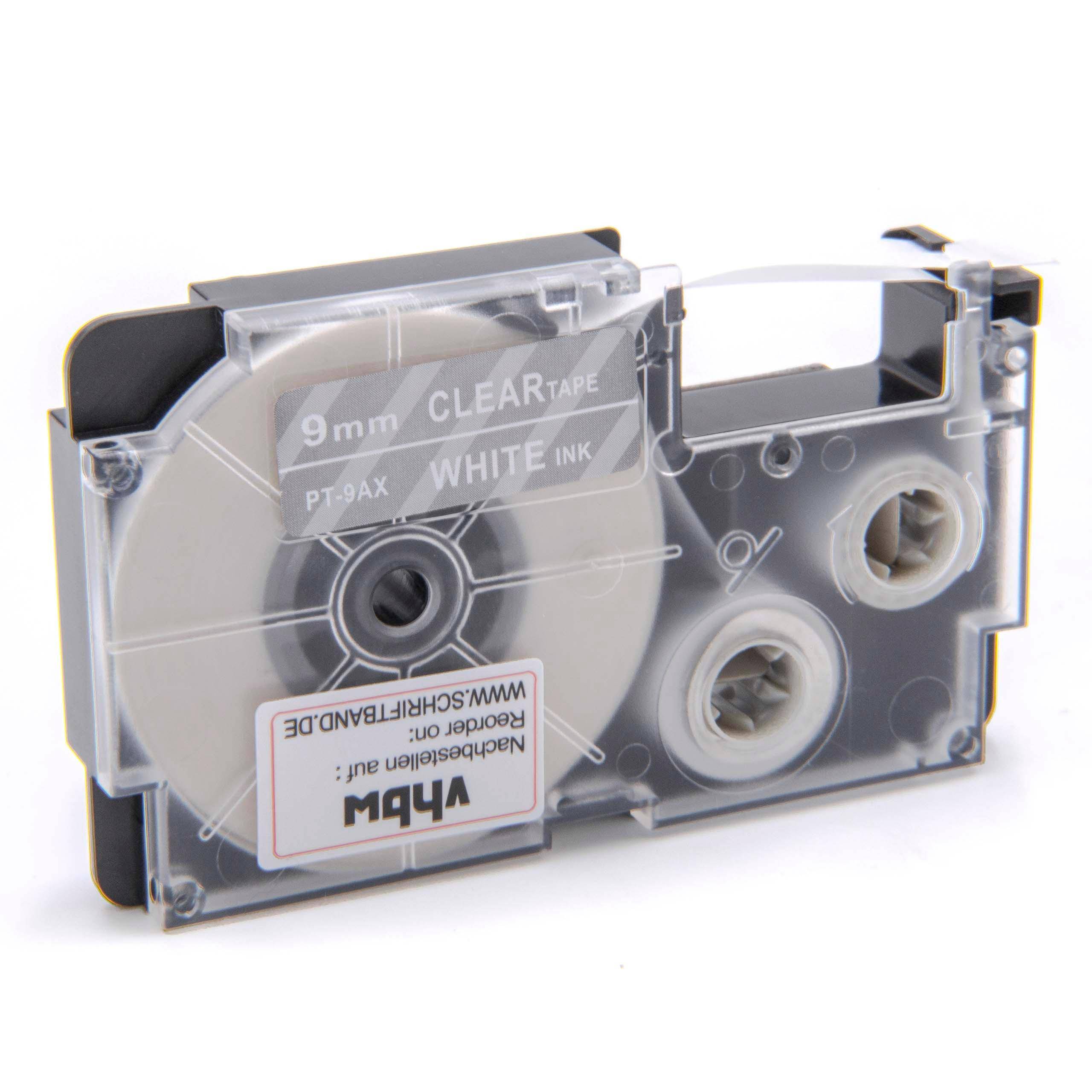 vhbw Schriftband-Kassette kompatibel mit Casio KL-C500, KL-8200, KL-P1000, KL-HD1, KL-G2 Etiketten-Drucker 8m x 9mm Weiß auf Transparent