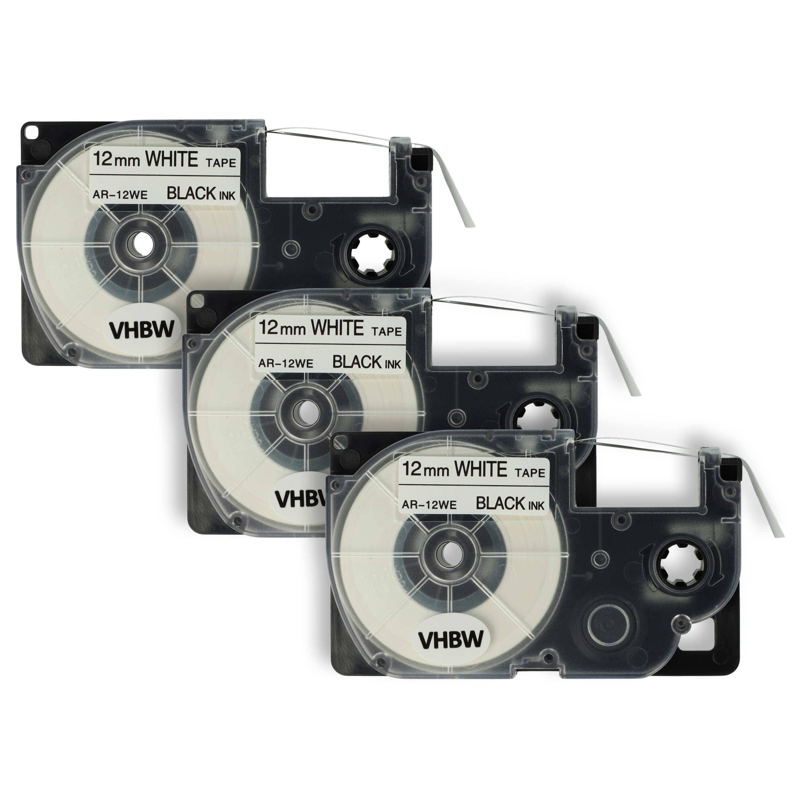 vhbw 3x Schriftband-Kassette kompatibel mit Casio KL-8100, KL-820, KL-8200, KL-C500, KL-P1000 Etiketten-Drucker 8m x 12mm Schwarz auf Weiß - Ersatz