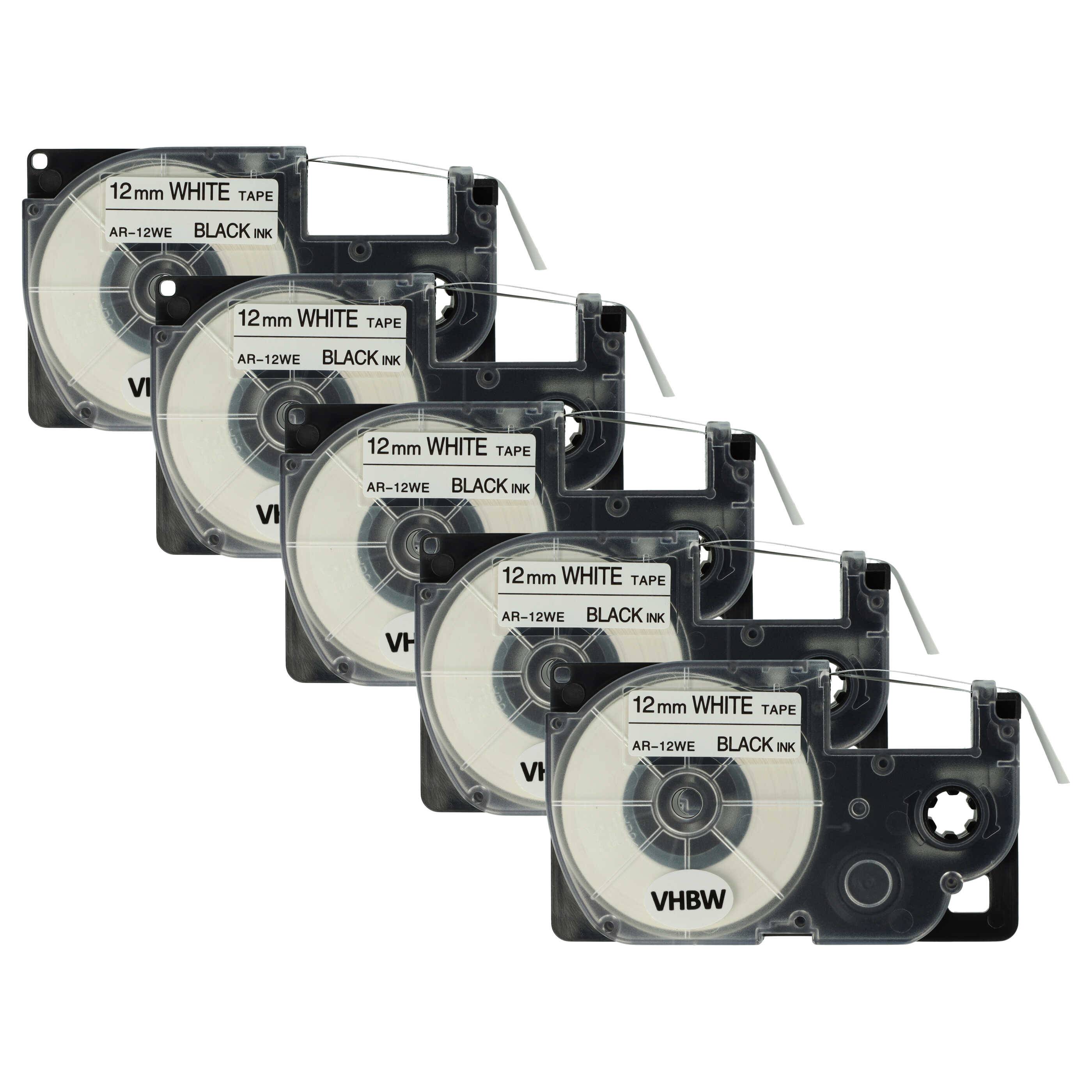 vhbw 5x Schriftband-Kassette Ersatz für Casio XR-12WE, XR-12WE1 für Etiketten-Drucker 8m x 12mm Schwarz auf Weiß