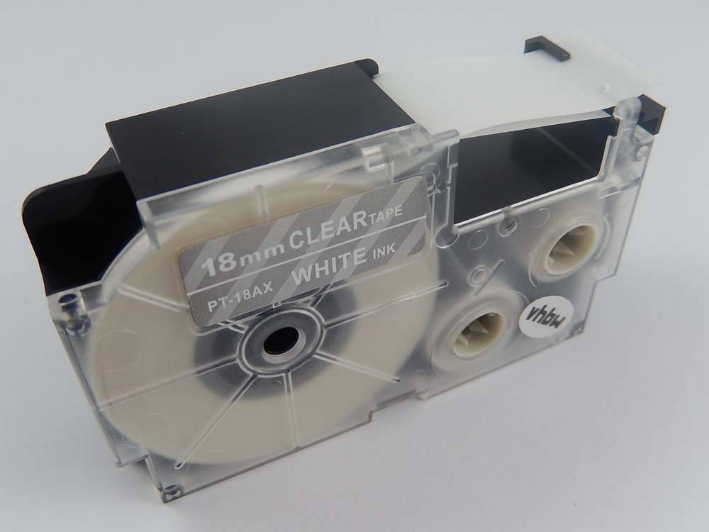 vhbw Schriftband-Kassette kompatibel mit Casio KL-200, KL-2000, KL-200E, KL-1500 Etiketten-Drucker 8m x 18mm Weiß auf Transparent, pet+ RESIN