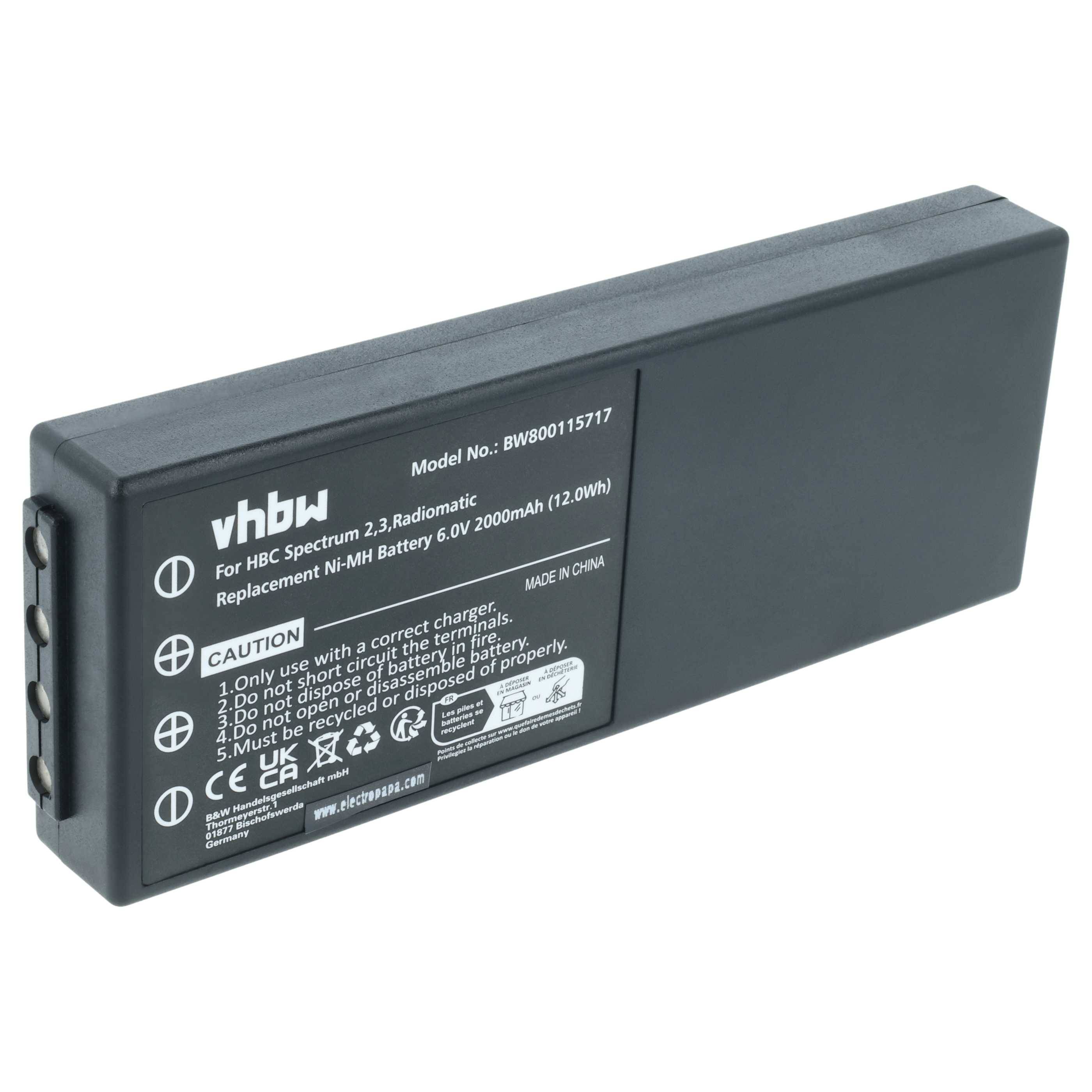 Rechteckige Batterie mit der Aufschrift 'VHBW' für HBC Spectrum 2.3 Radiomatic, 6V, 2000mAh. Bedienungsanleitung und Sicherheitshinweise enthalten.