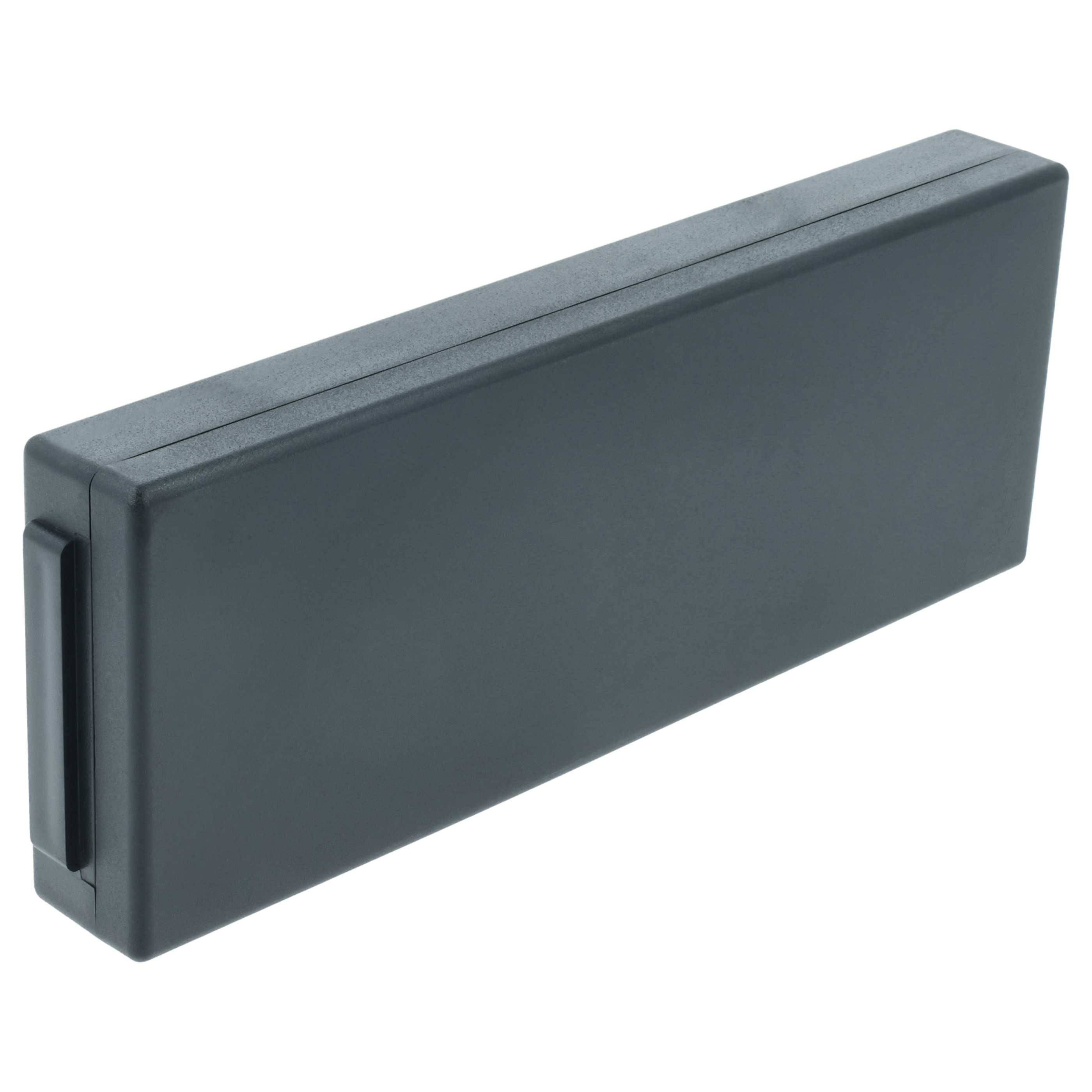 Ein schwarzes rechteckiges Taschenlampengehäuse, geschlossen und horizontal liegend, mit einem vorstehenden Griff auf der linken Seite.