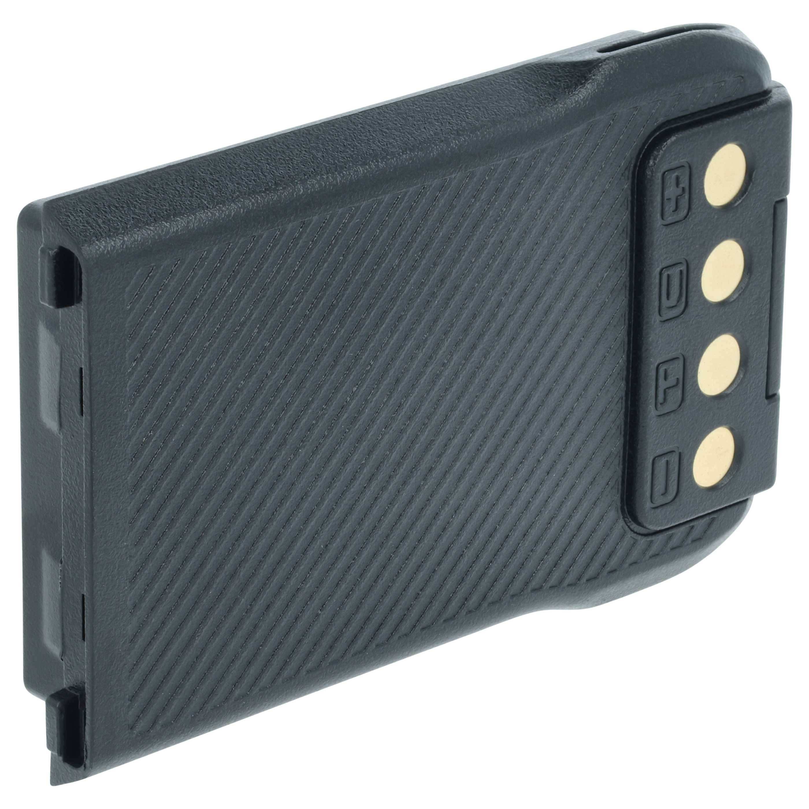 Eine schlanke, rechteckige schwarze Batterie mit drei goldenen Anschlüssen und drei seitlichen Tasten.