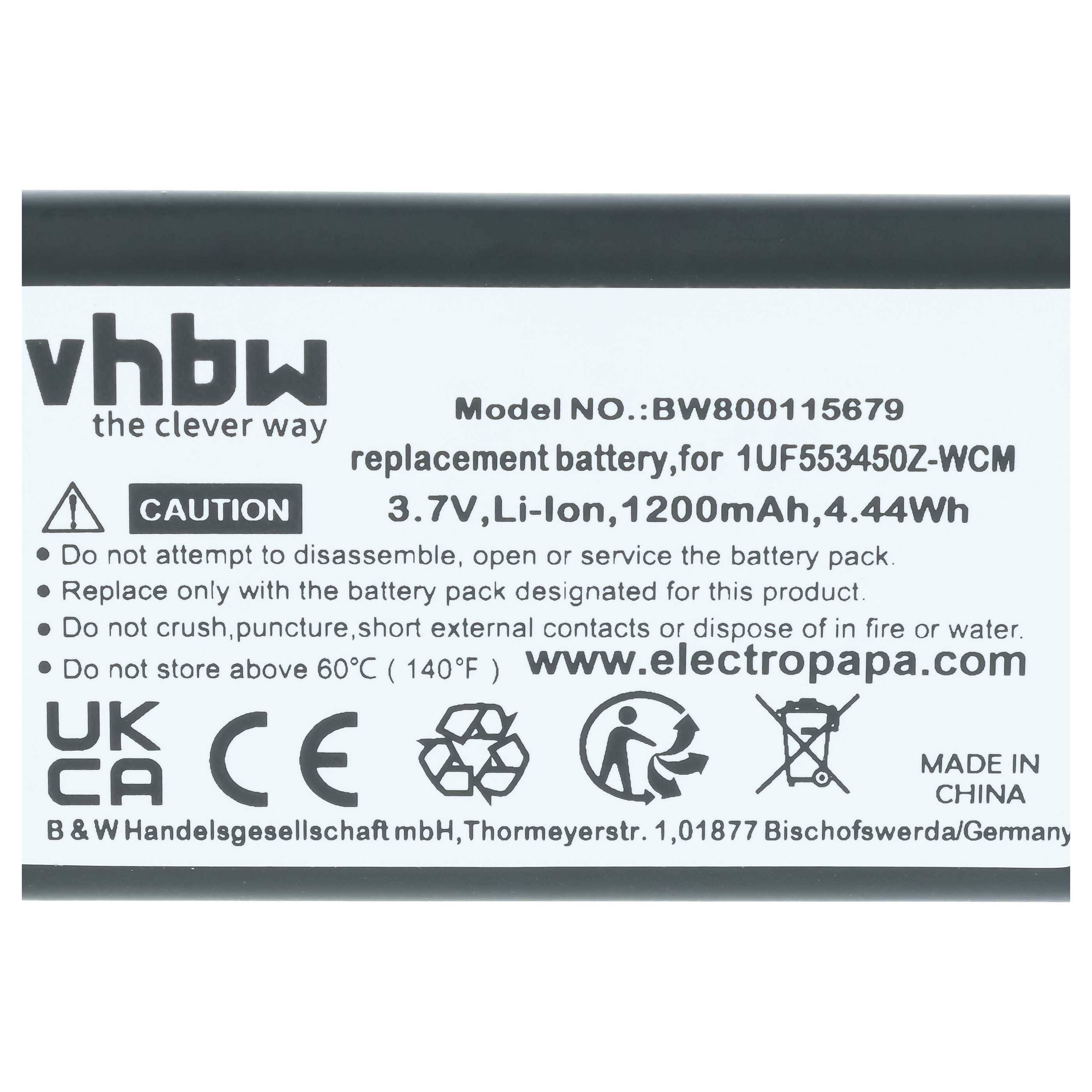 Batteriebezeichnung für vhbw Ersatzbatterie für UF553450Z-WCM, 3,7V Li-Ionen 1200mAh 4,44Wh, mit Warn- und Konformitätssymbolen.