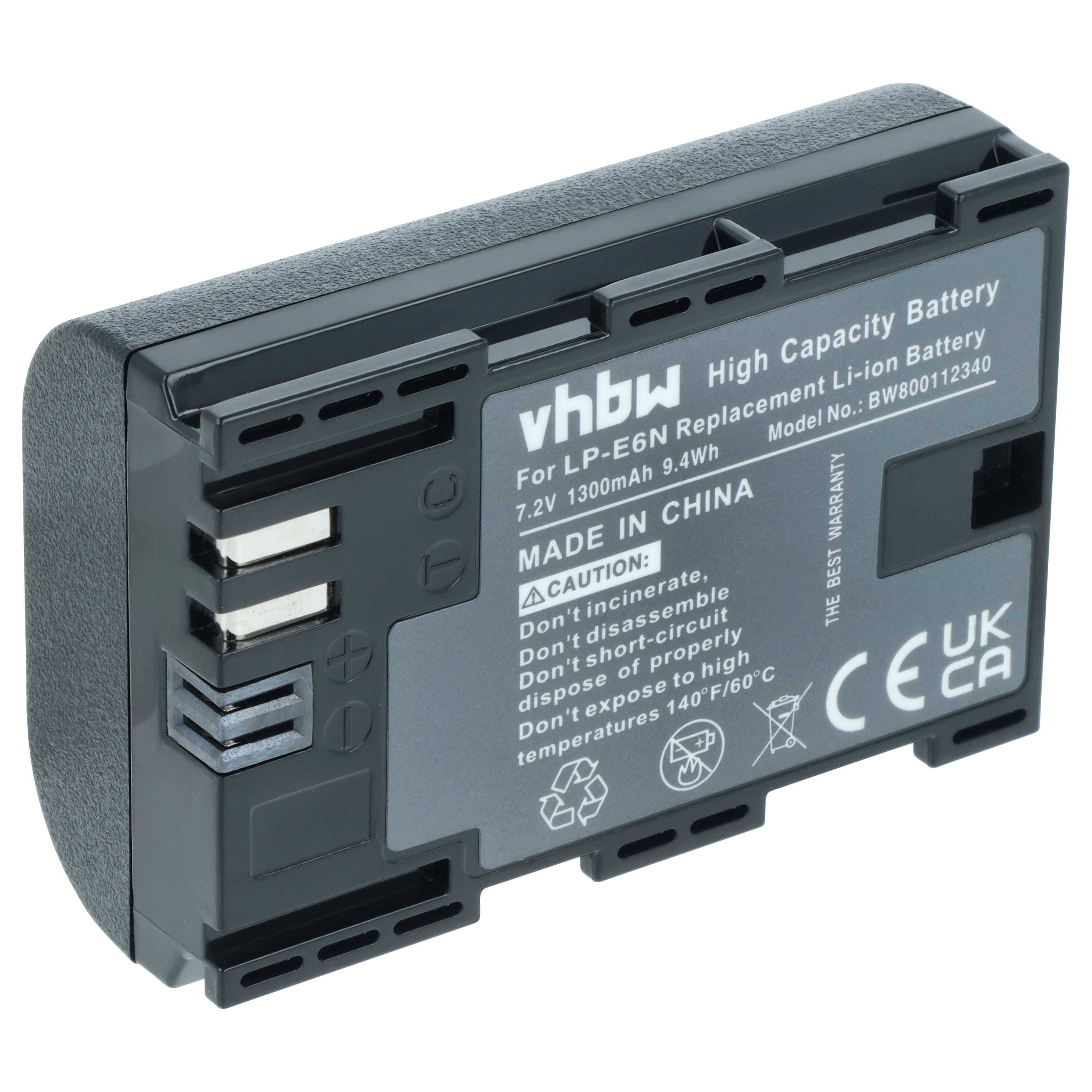 Akkupack mit der Aufschrift 'vhbw High Capacity Battery', 'Ersatz Li-Ion Akku', 7,2V, 1300mAh, 'Made in China' und Sicherheitswarnungen