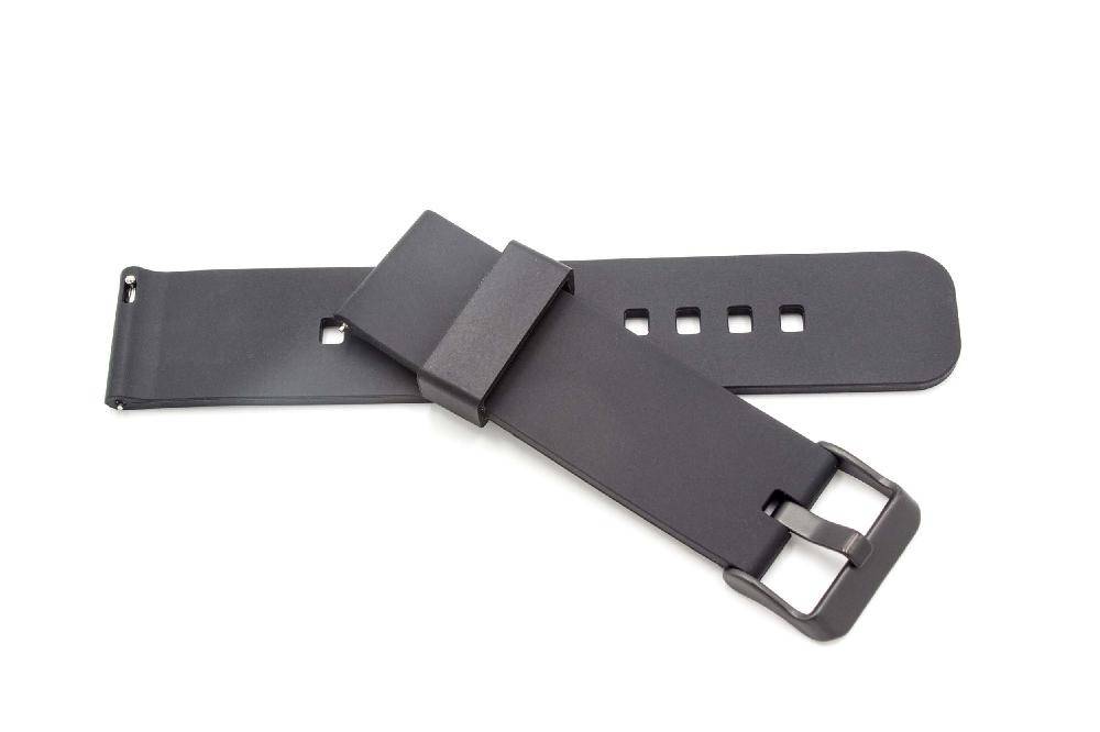 Schwarzes Lederuhrband mit silberner Schnalle, dargestellt auf weißem Hintergrund.