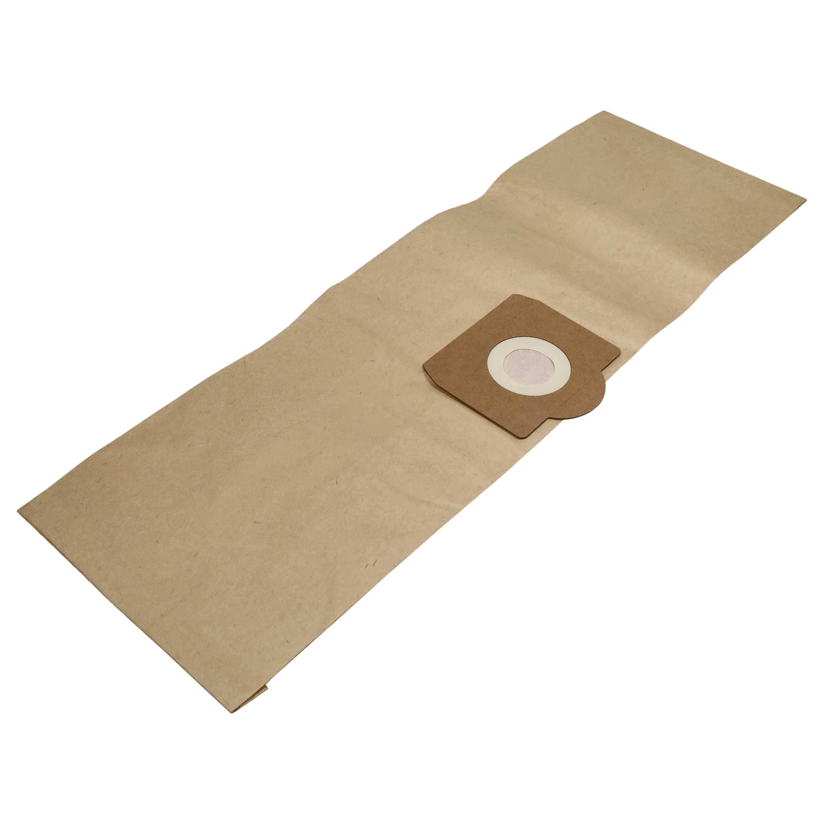 Ein langer, flacher brauner Papierstaubsaugerbeutel mit einer kreisförmigen Öffnung und einem Kartonverschluss oben, der zur Staubsammlung konzipiert ist.